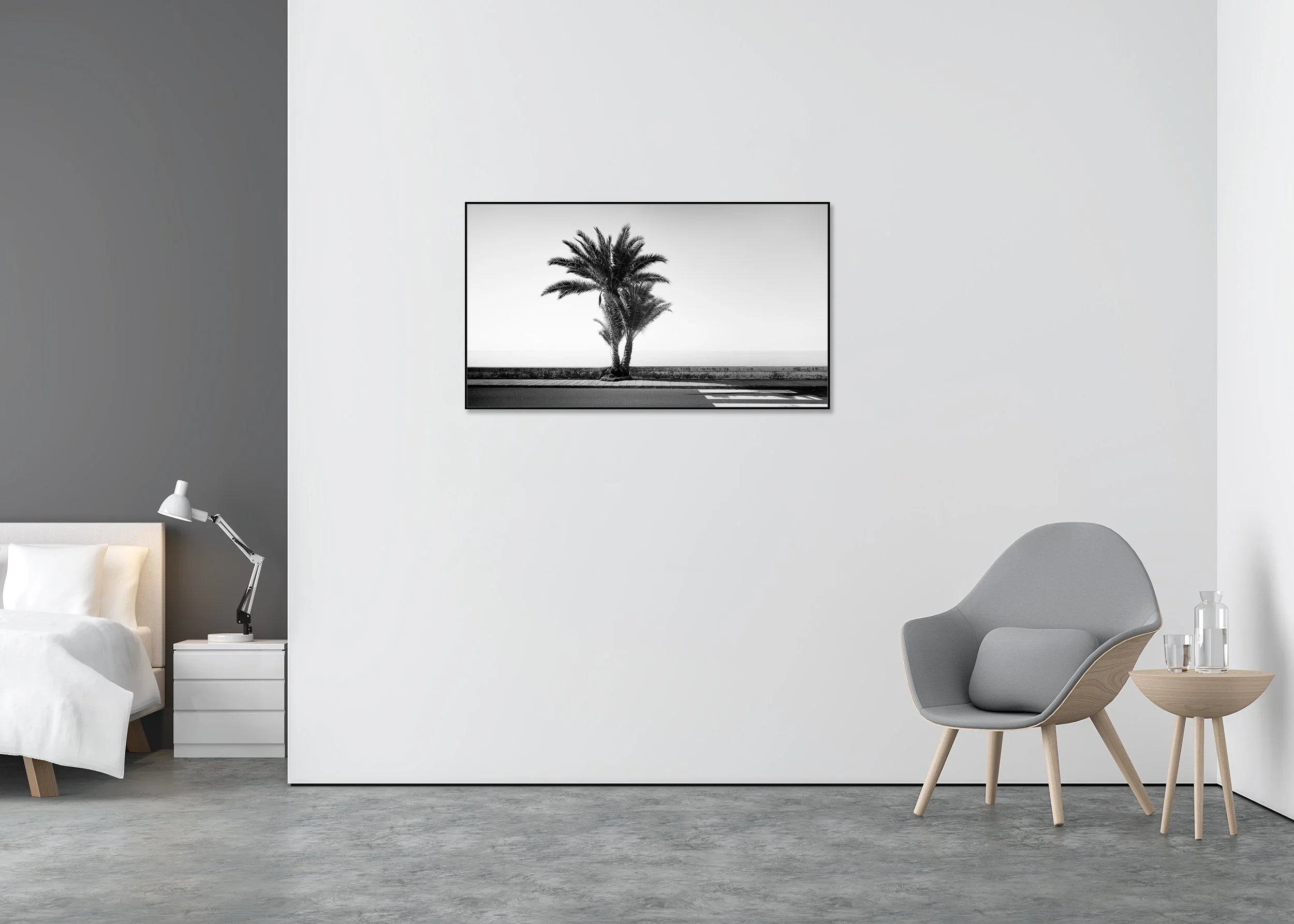 Palm Tree on the Roadside Study 2 by Gerald Berghammer, black-and-white Dibond print in a black aluminium ArtBox frame displayed in a minimalist interior.