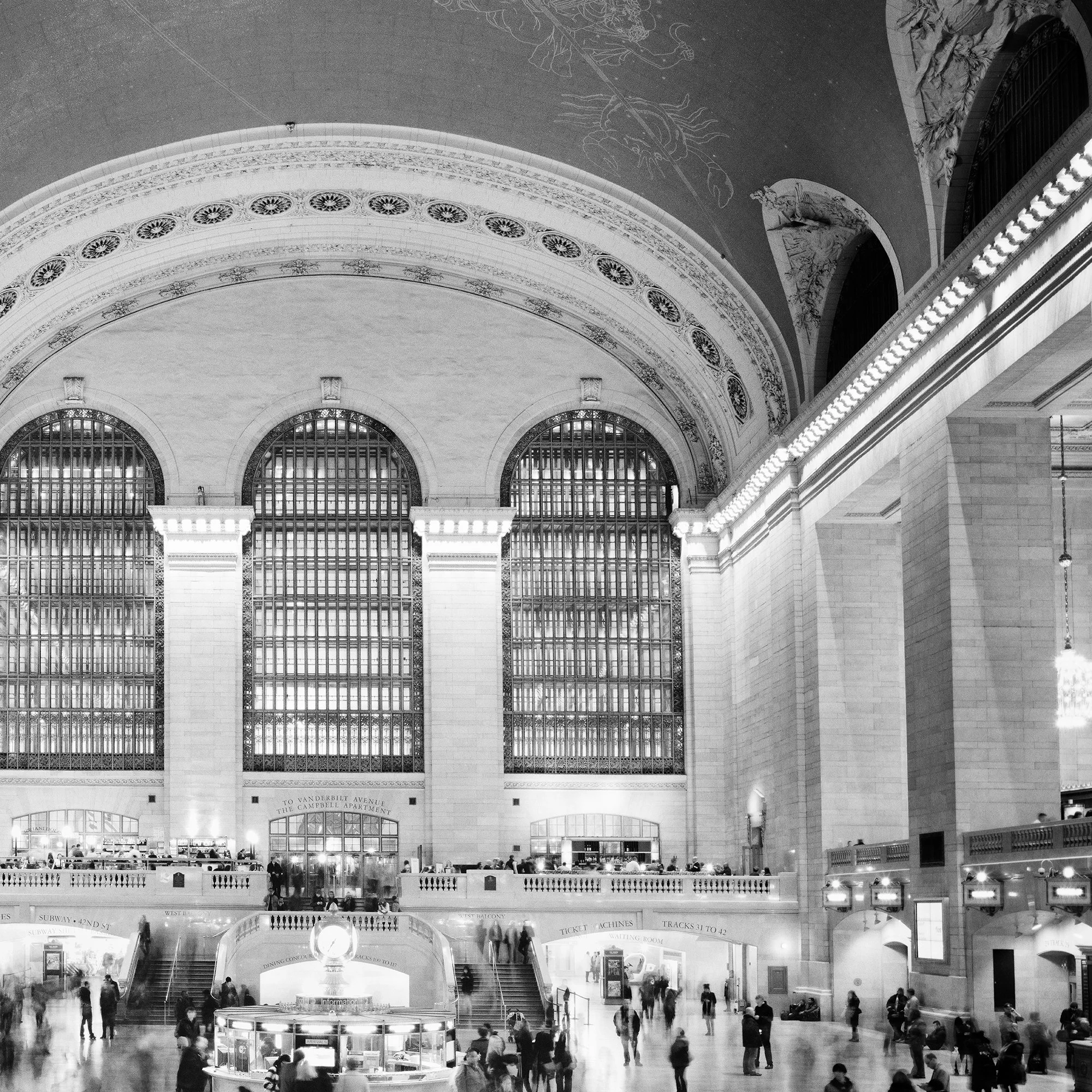 Detail of Grand Central Station Study 1 showing architectural forms and travellers in Grand Central Terminal by Gerald Berghammer.