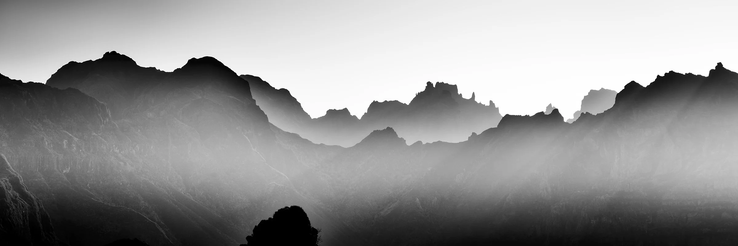 Black-and-white panoramic mountain photograph from Madeira, Portugal, by Gerald Berghammer.