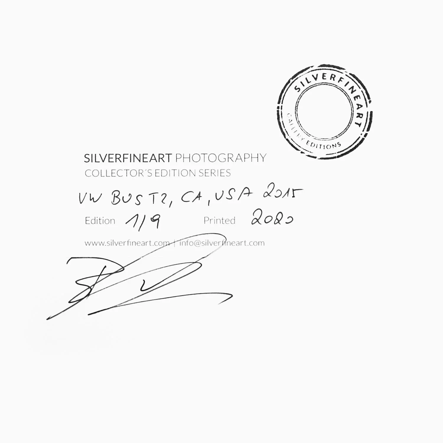 Handwritten artwork title, edition number 1/9, print year 2020 and artist signature on the reverse of VW Bus T2 by Gerald Berghammer.
