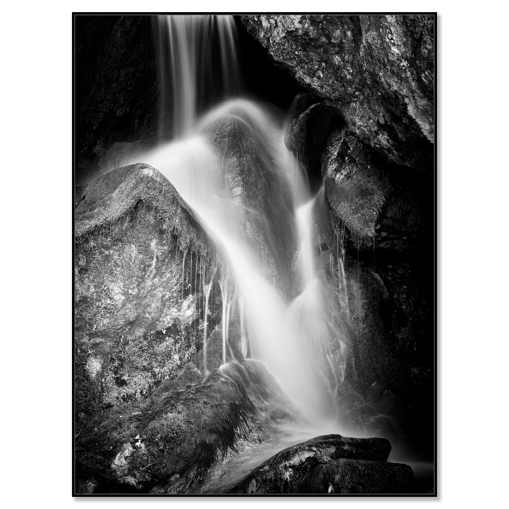 Waterfall Detail Study 1 – Austria, black-and-white photograph in a black aluminium ArtBox.