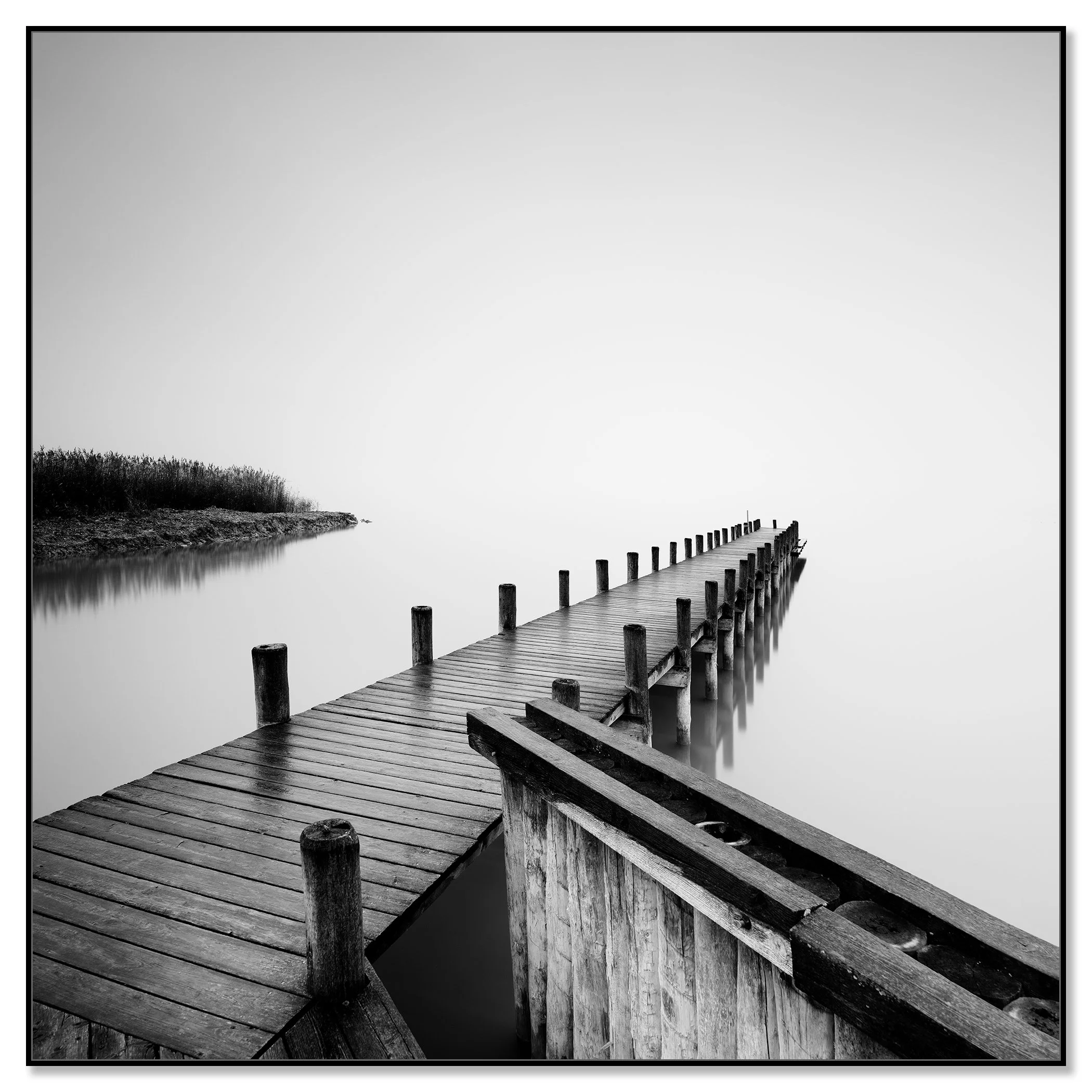Gerald Berghammer - Black and white photography. Wooden pier extending out over calm water, with a foggy background and some reeds on the shoreline. Chromaluxe framed black