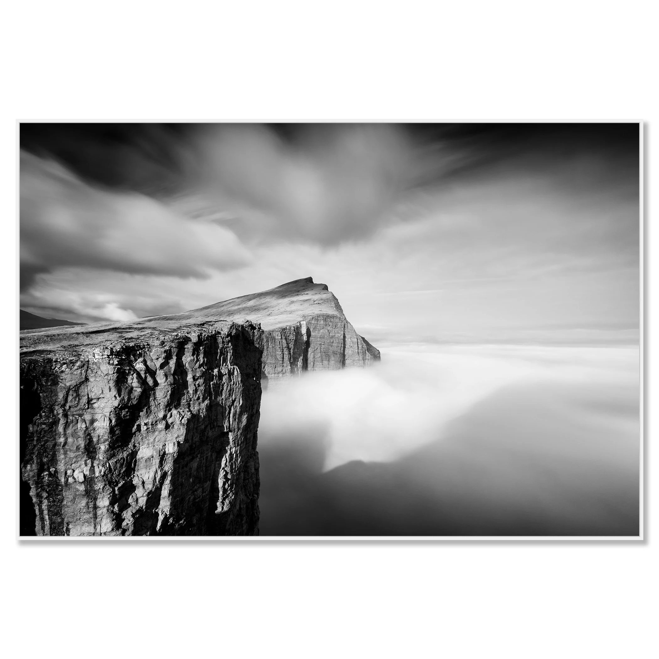 Foggy Slave Cliff, Study 1 – black-and-white Dibond print in a white aluminium ArtBox.
