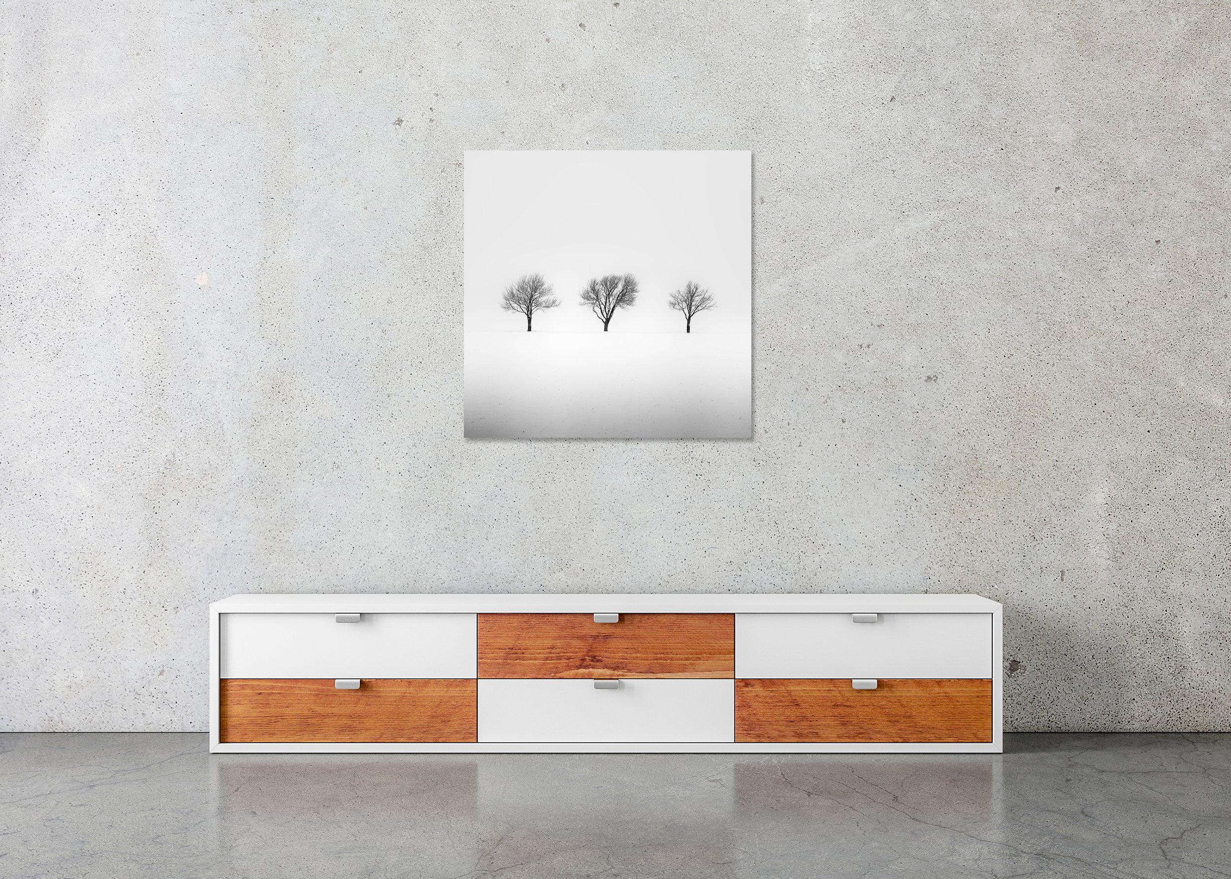 Three Trees in a Snowy Field, Study 2 displayed in a contemporary interior as a frameless Dibond artwork by Gerald Berghammer.