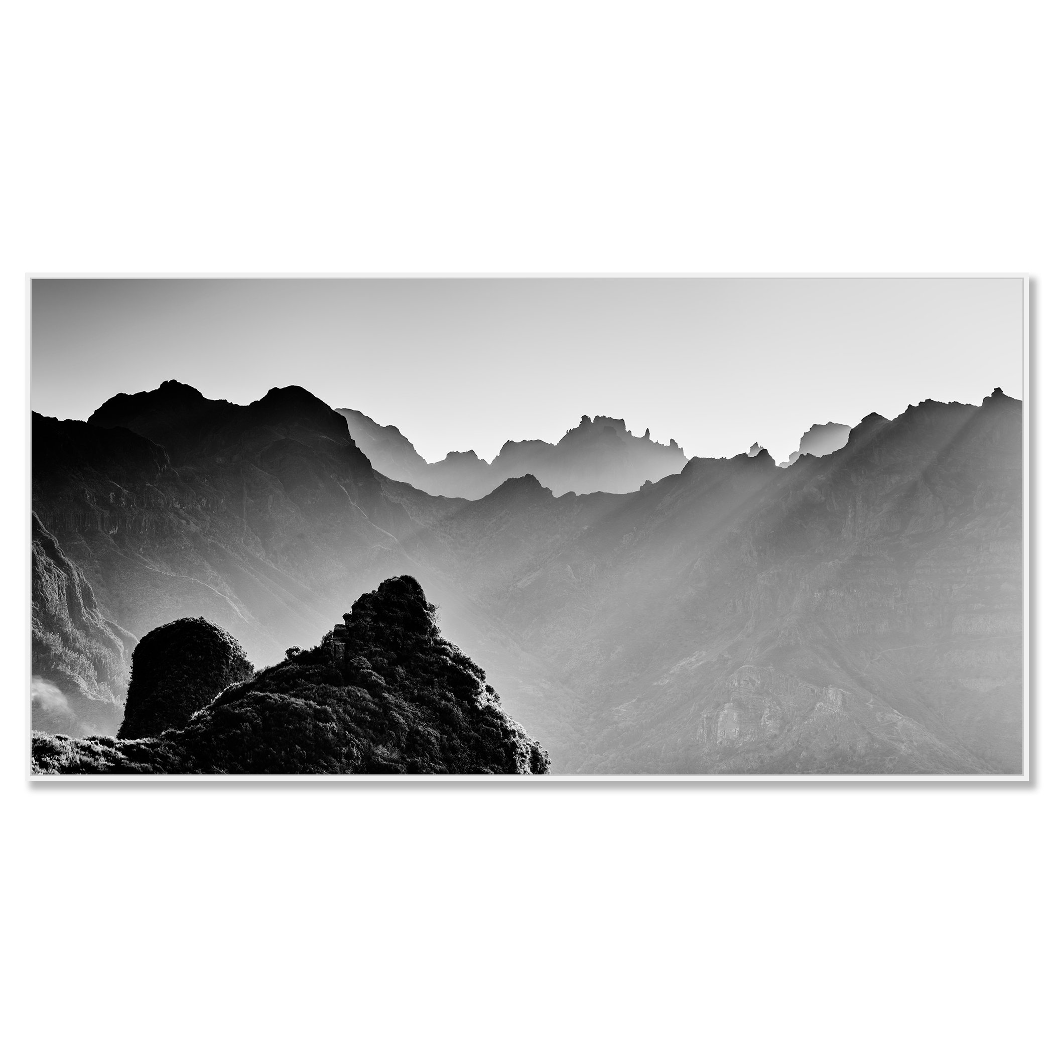 Morning Light in the Mountains Study 2, black-and-white photograph in a white aluminium ArtBox frame