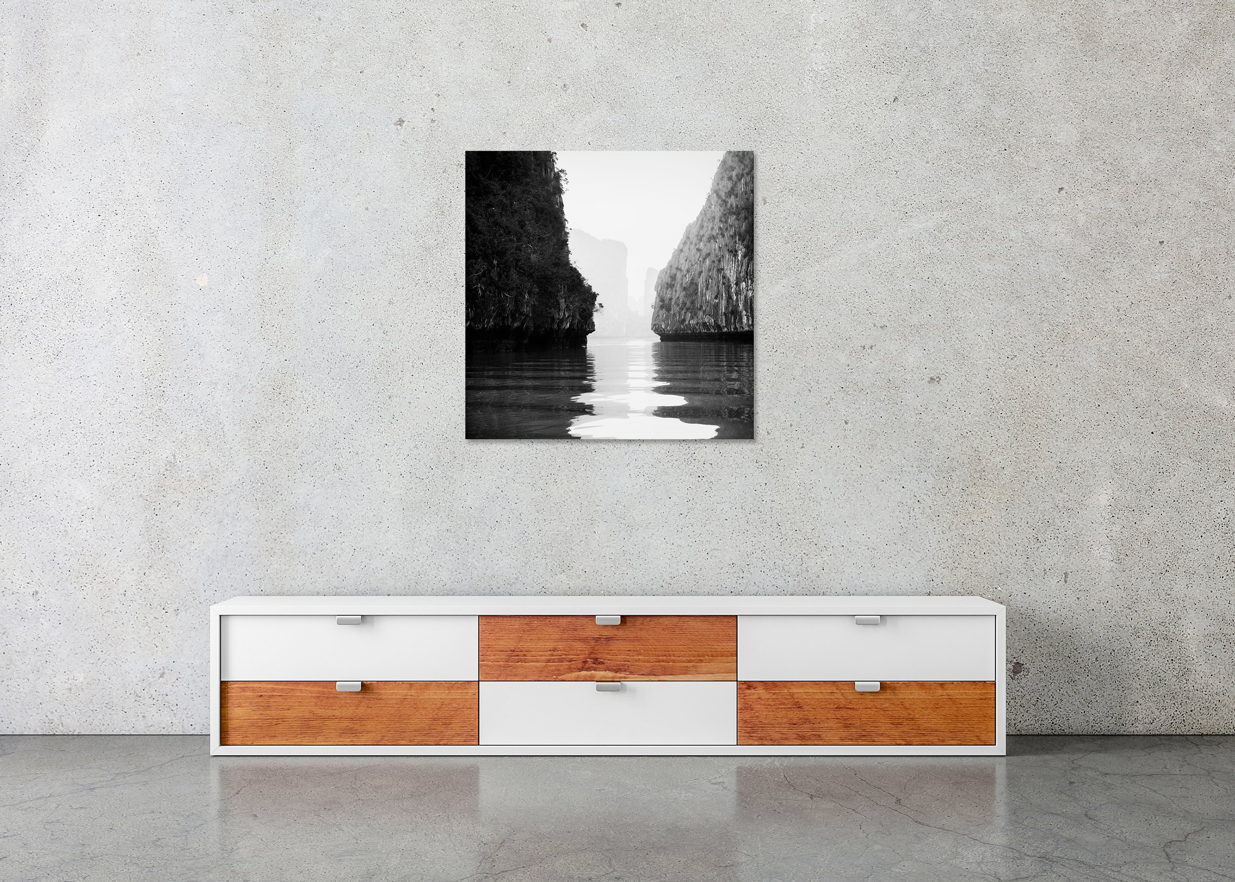 Tranquil black and white fine art photograph of karst cliffs reflected in calm water. ChromaLuxe Metal Print – Frameless