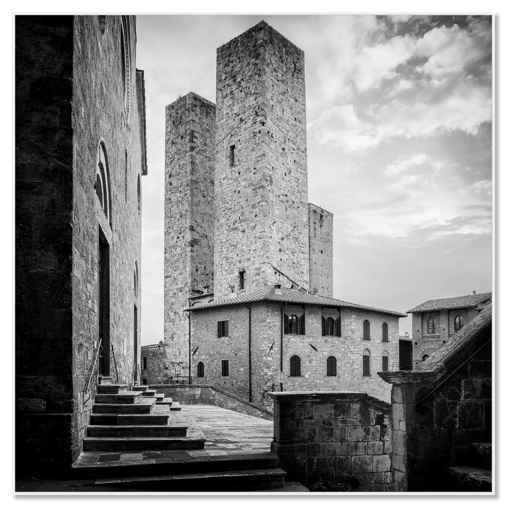 Black-and-white view of medieval stone towers and historic buildings in San Gimignano, Italy – framed ArtBox white
