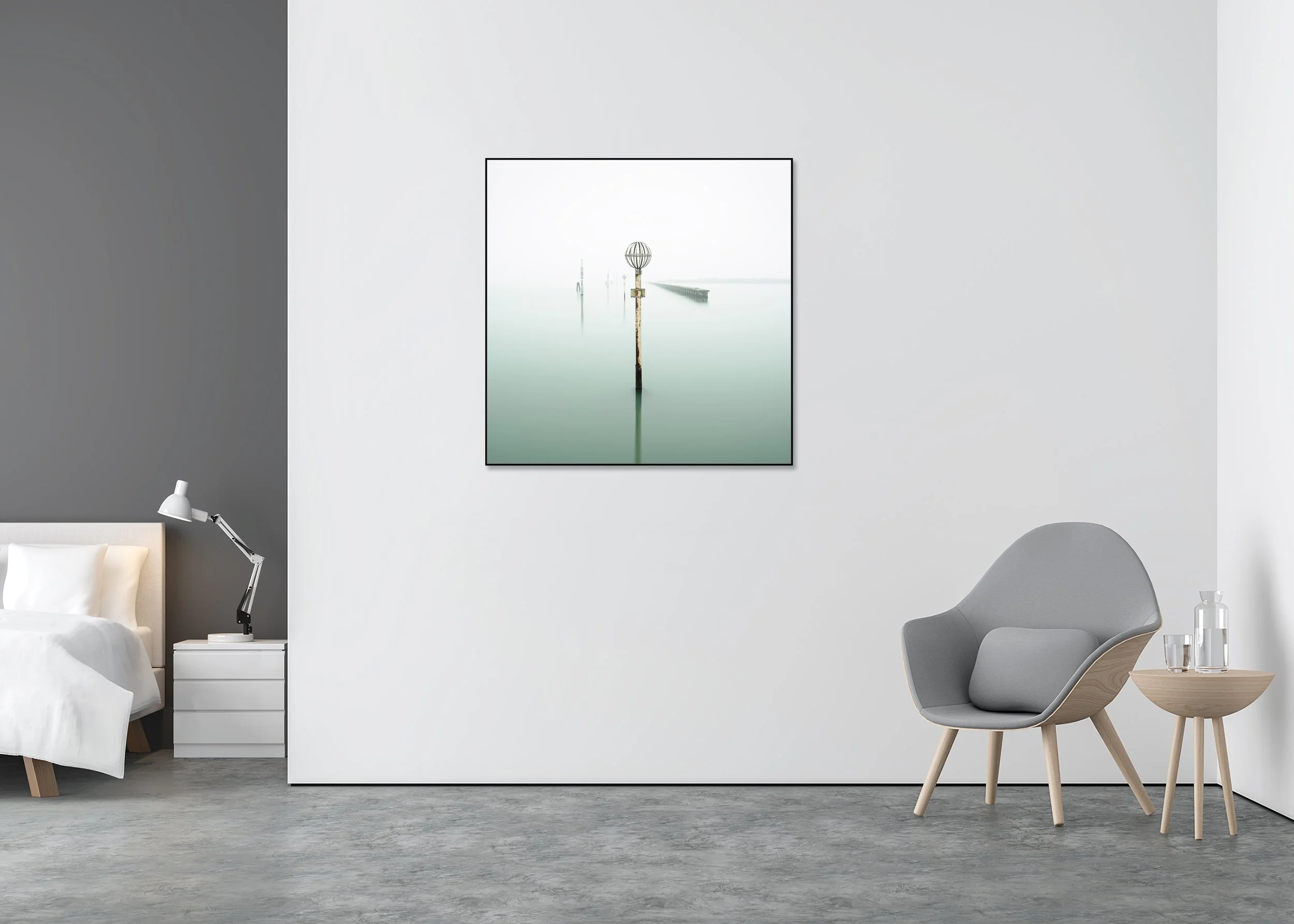 Briccole Study 1 displayed in a modern interior, mounted on aluminium Dibond in a black ArtBox frame by Gerald Berghammer.