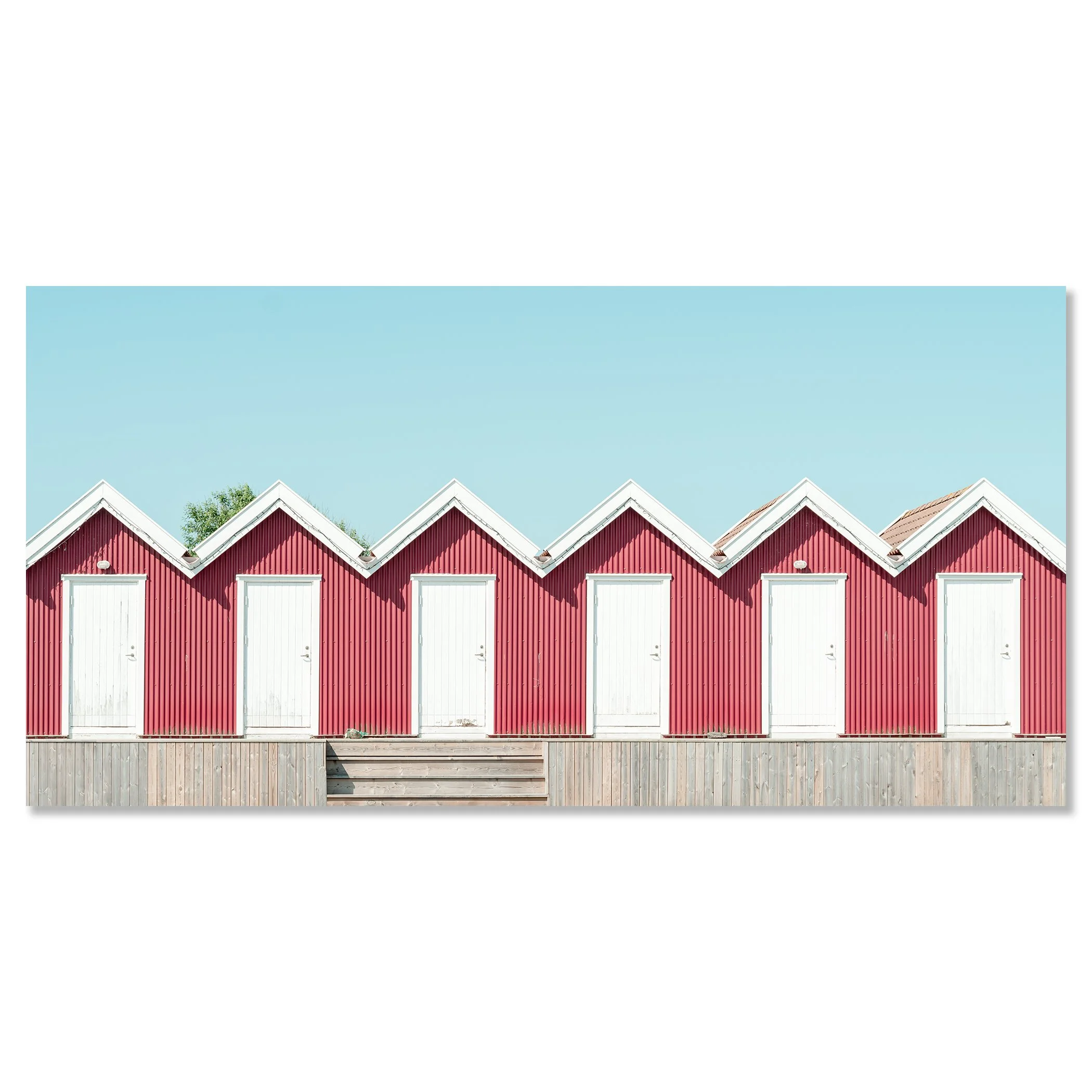 Red Beach Huts Study 1 displayed as a frameless colour artwork mounted on aluminium Dibond by Gerald Berghammer.