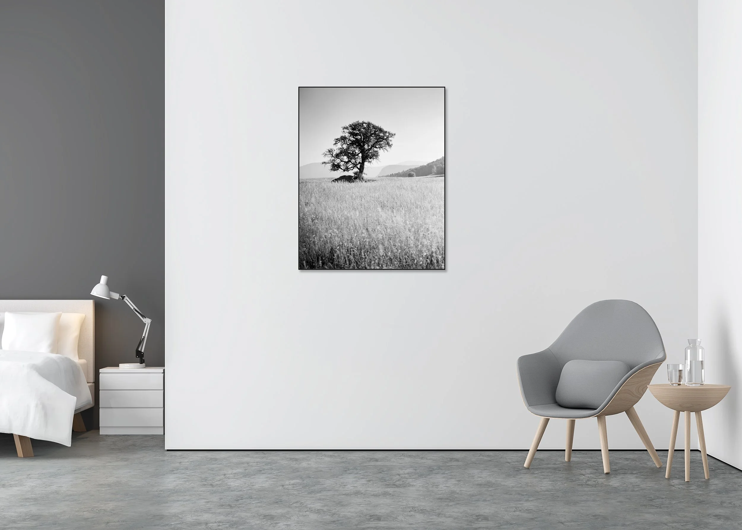 Morning Sun displayed in a modern interior as a black-and-white Dibond print in a black aluminium ArtBox frame by Gerald Berghammer.