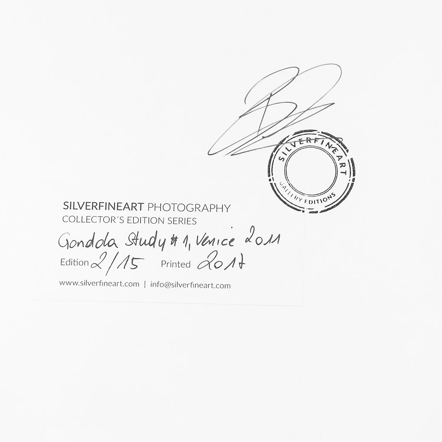 Signed edition label of Gondola Study 1 by Gerald Berghammer, showing Edition 2/15, print date 2017 and the SILVERFINEART gallery stamp.