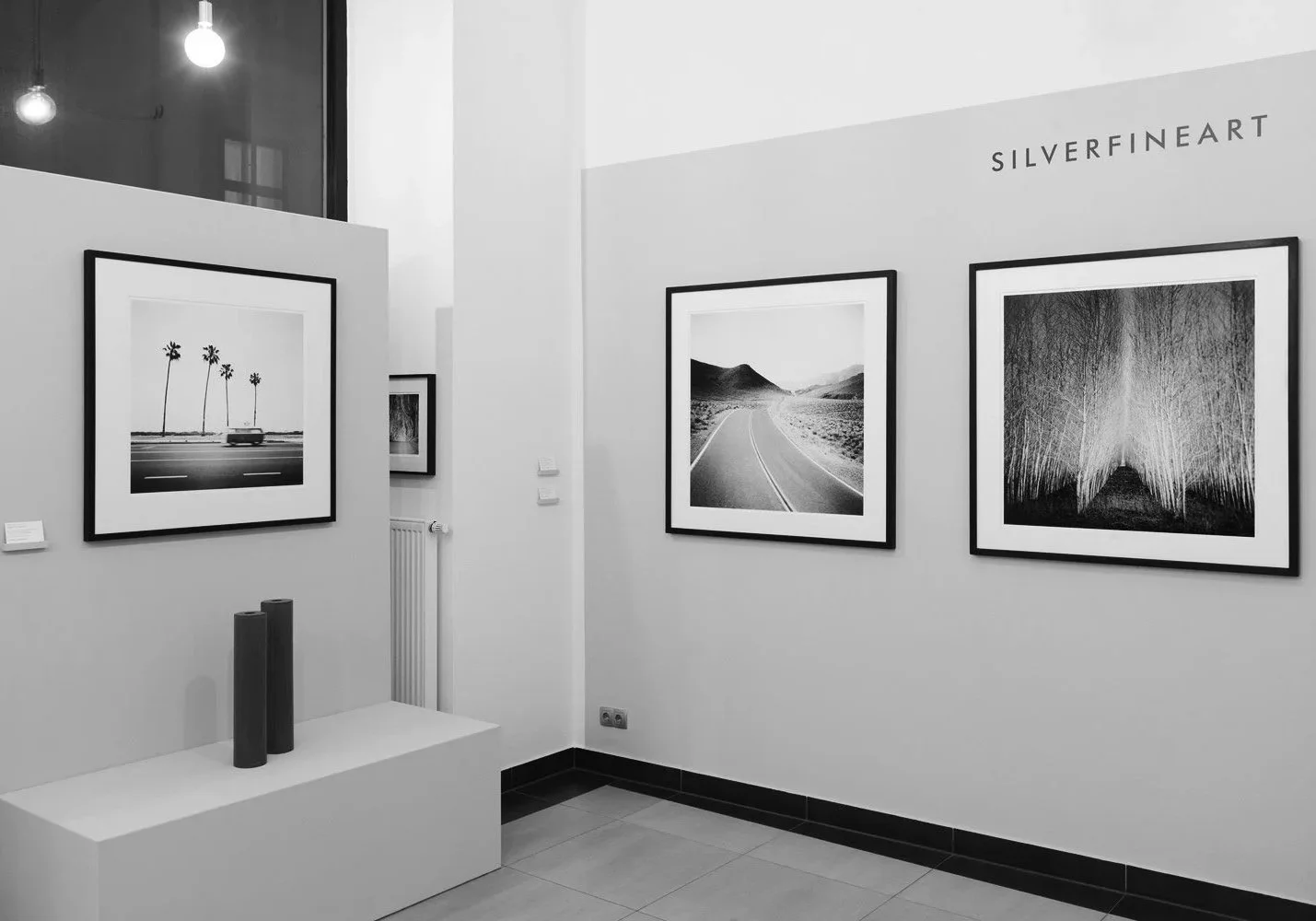 Black-and-white photography exhibition at ART AFFAIR II in Vienna, showing a palm-lined road, desert landscape and birch woodland by Gerald Berghammer.