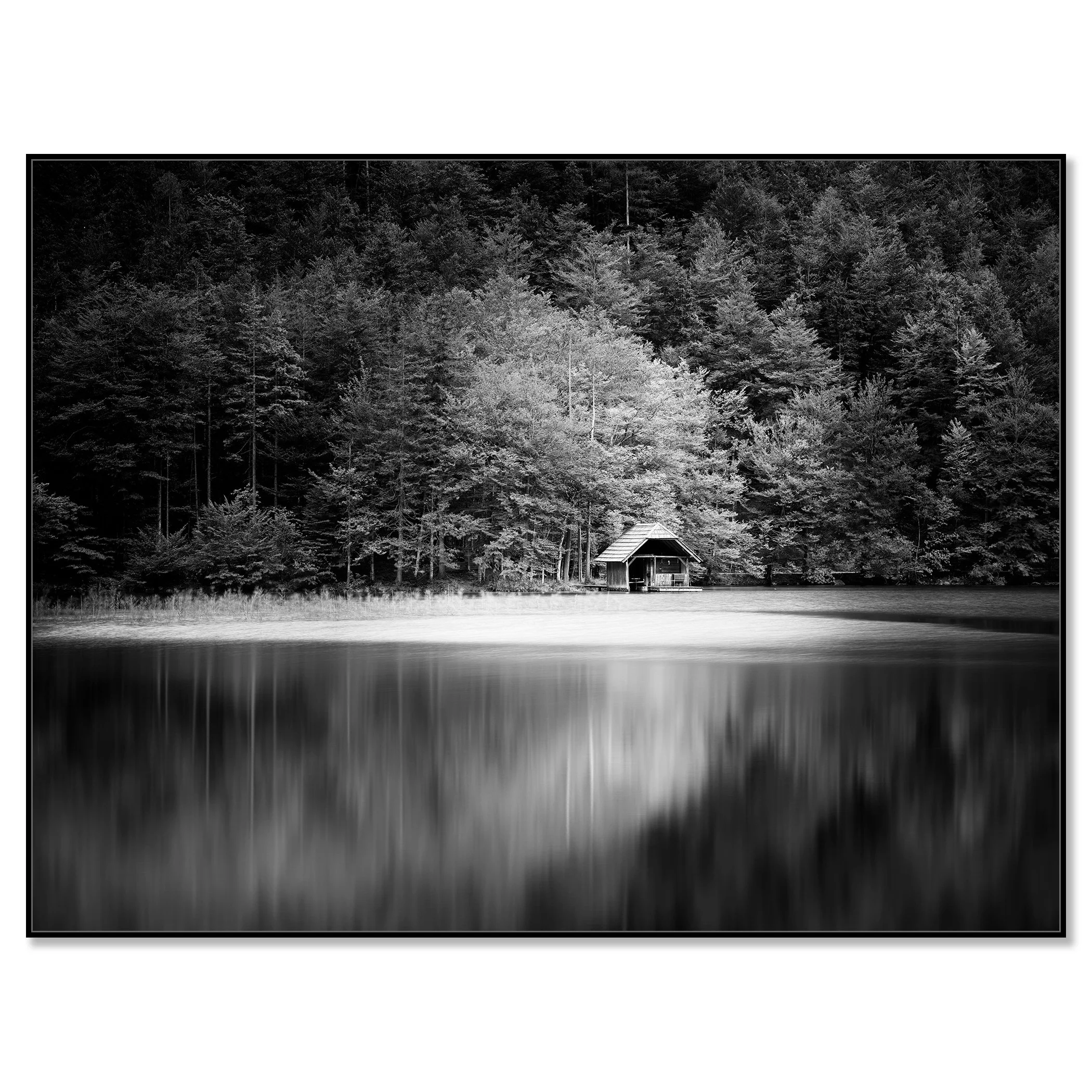 Wooden Boathouse, Study 1 – black-and-white Dibond print in a black aluminium ArtBox frame.