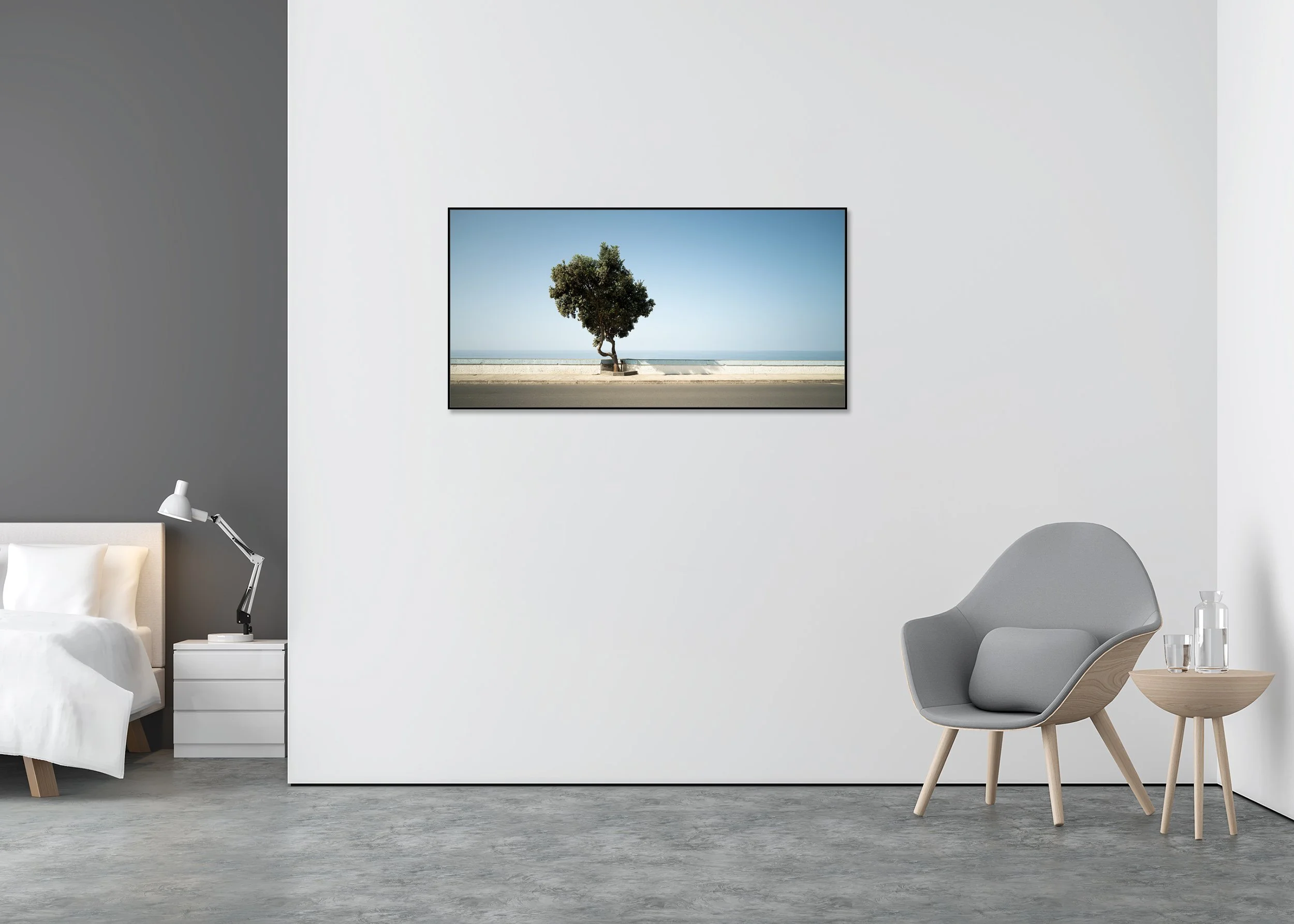 Solitary tree beside a quiet coastal road overlooking the calm blue sea, photo print mounted to Dibond in an aluminium ArtBox