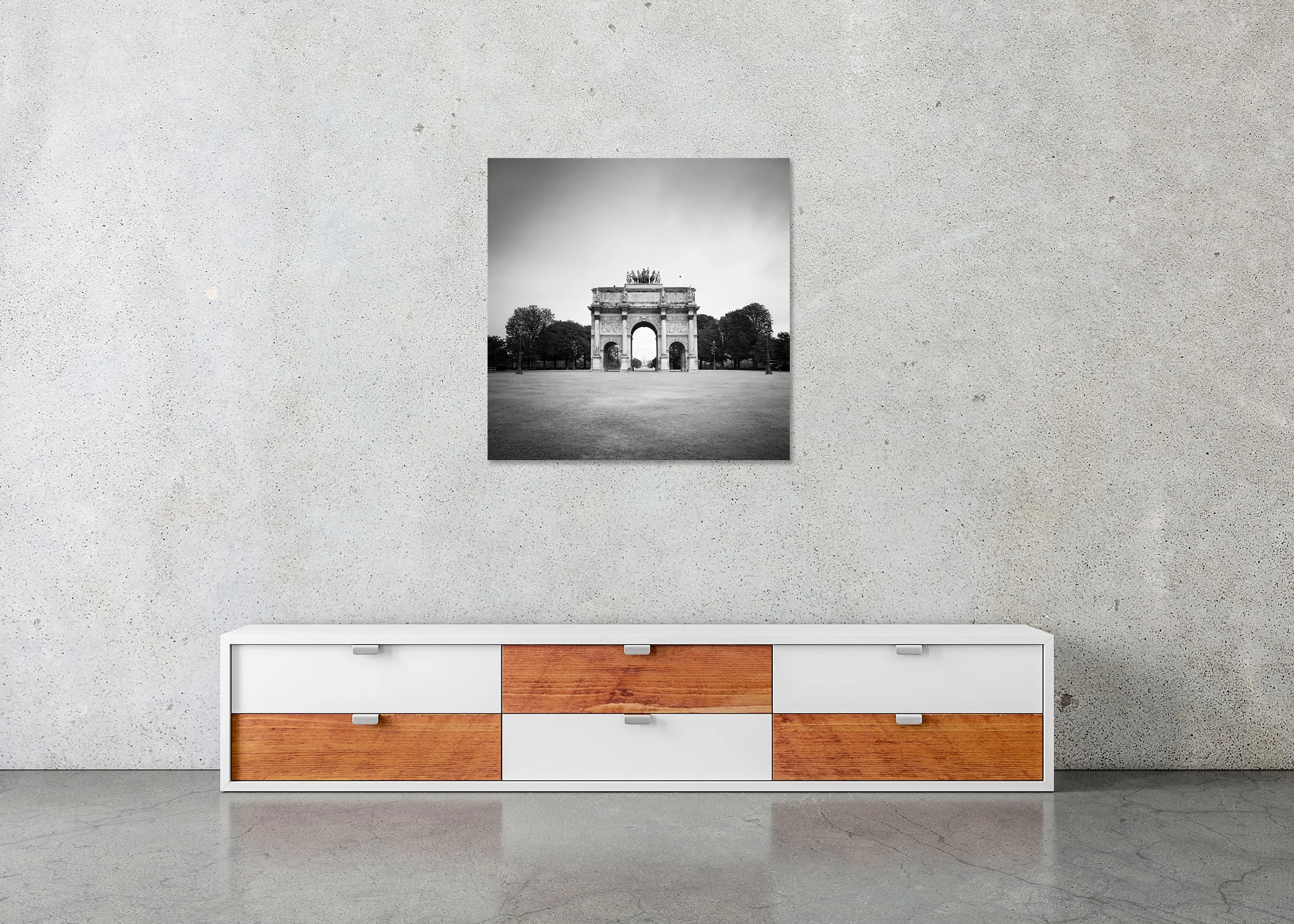 Arc de Triomphe du Carrousel displayed in a modern interior as a frameless aluminium Dibond print by Gerald Berghammer.