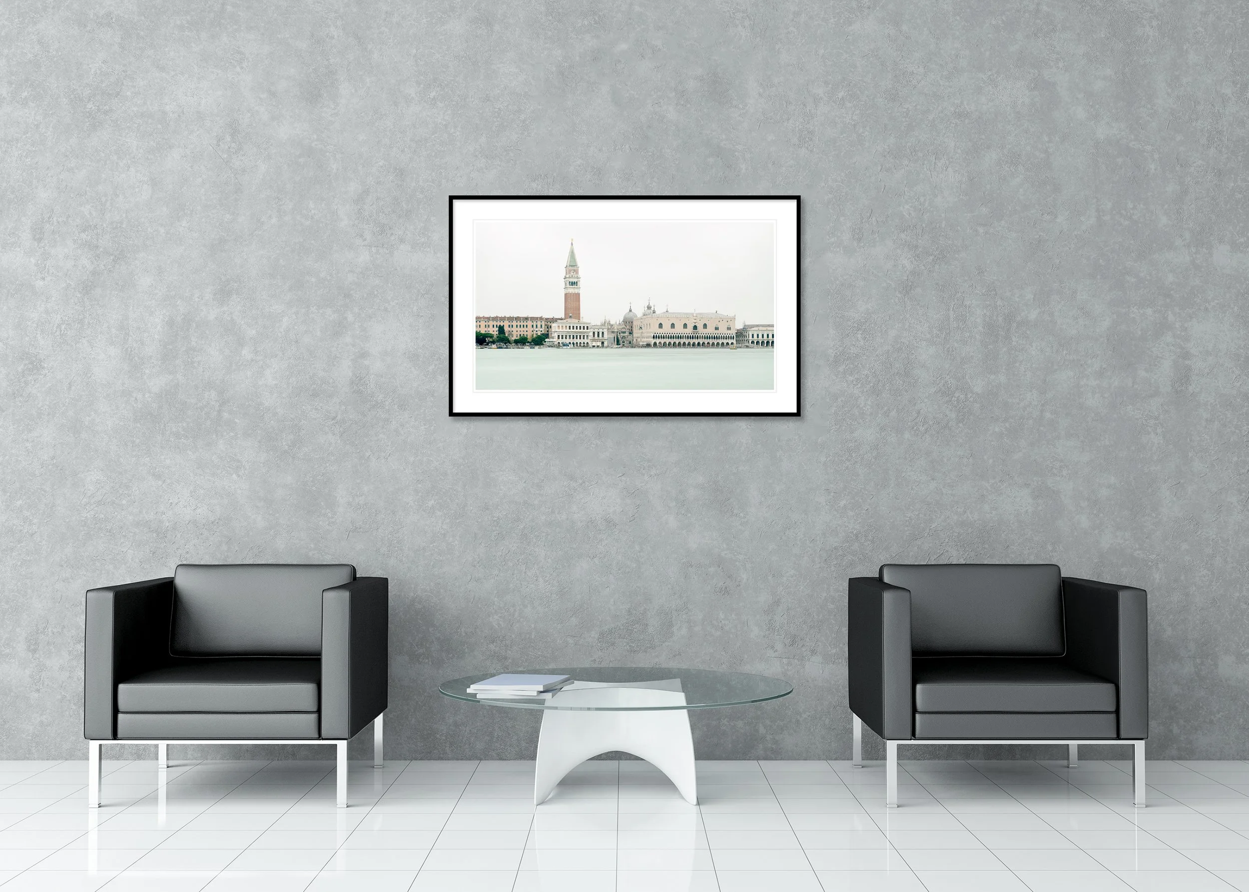 View of Venice, Panorama Study 3 – archival pigment print in a black aluminium frame with a white mount displayed in a modern interior. Photo by Gerald Berghammer.