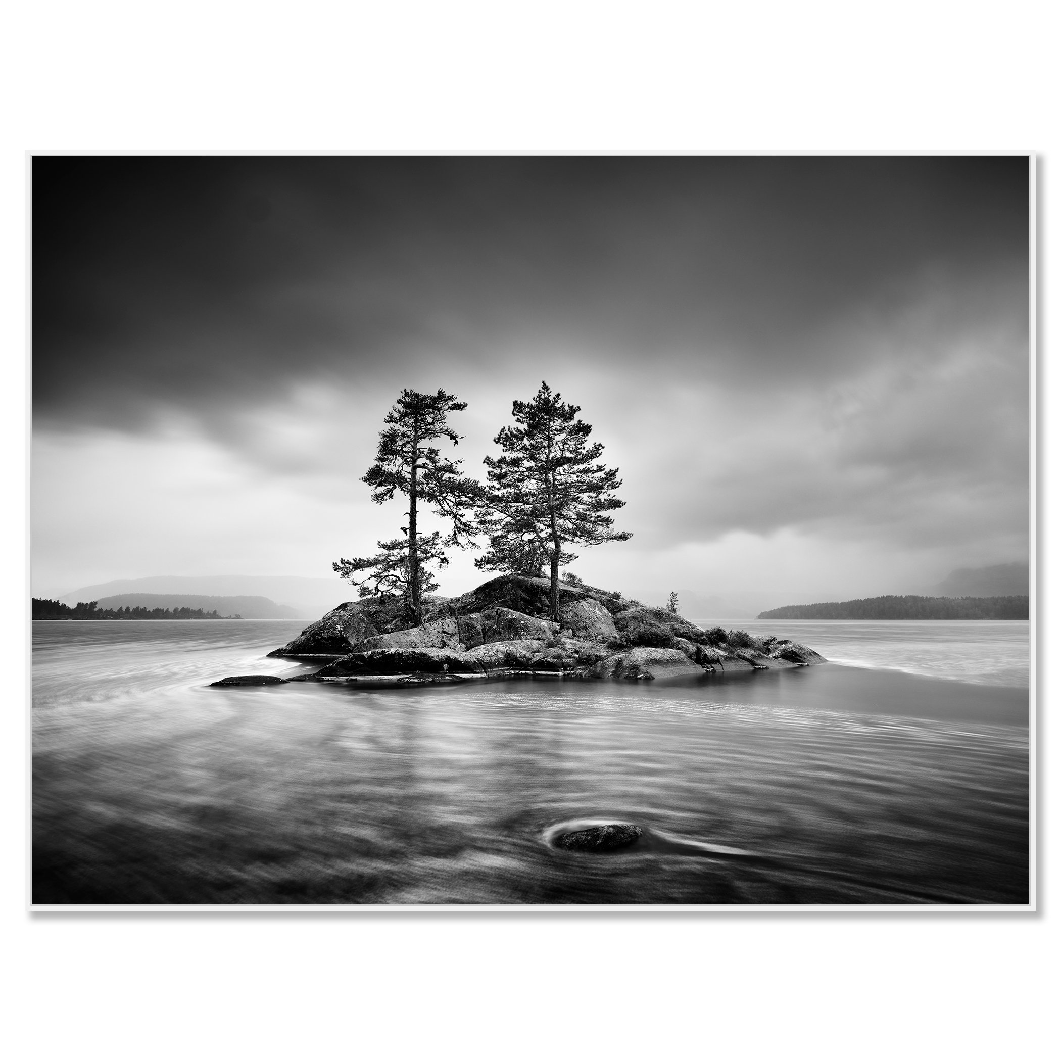 Trees on Rocky Island Study 1 – Norway, black-and-white photograph in a white aluminium ArtBox frame