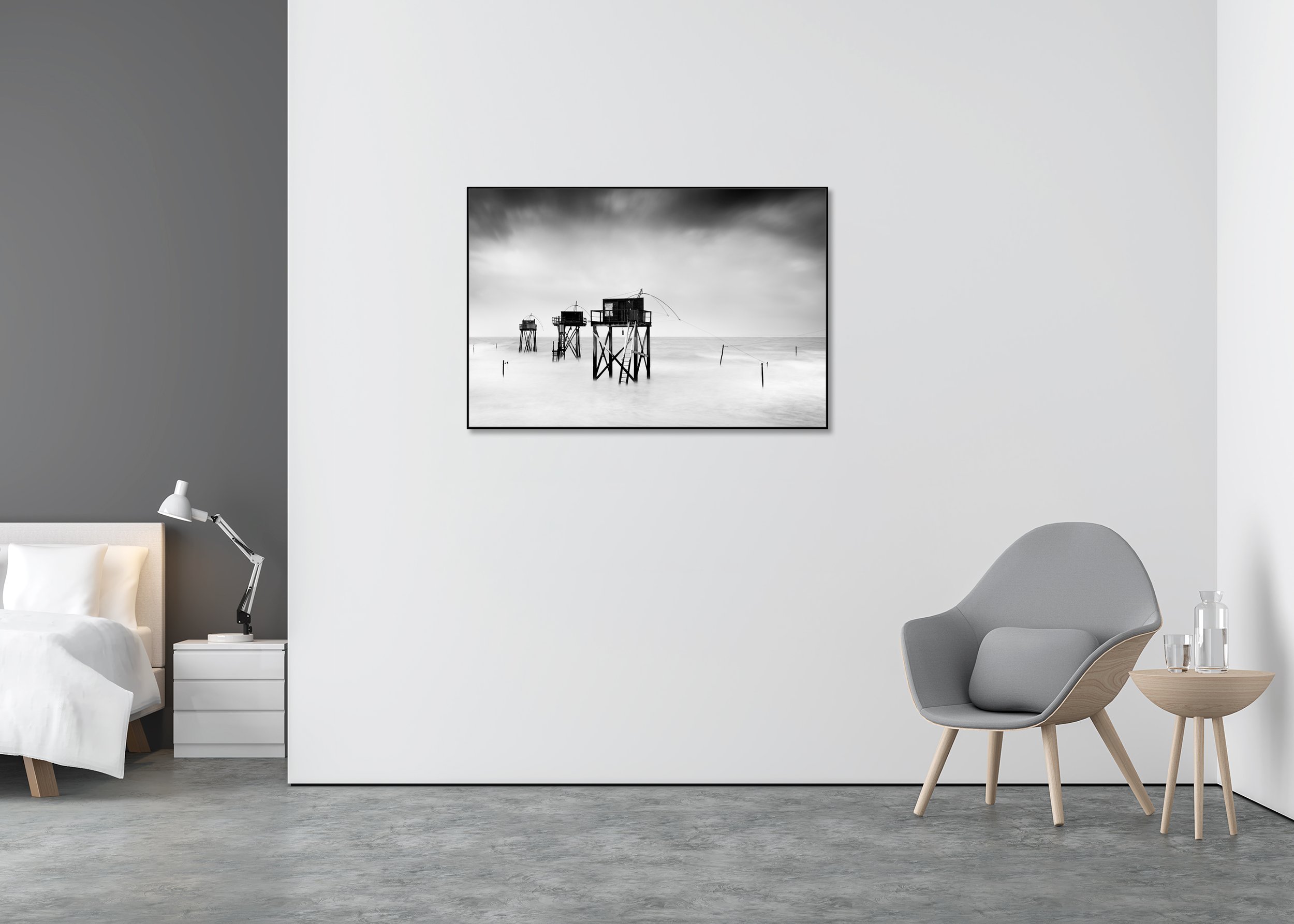Minimalist monochrome long-exposure seascape with stilted wooden fishing huts and a smooth misty sea, photo print mounted to Dibond in an aluminium ArtBox.