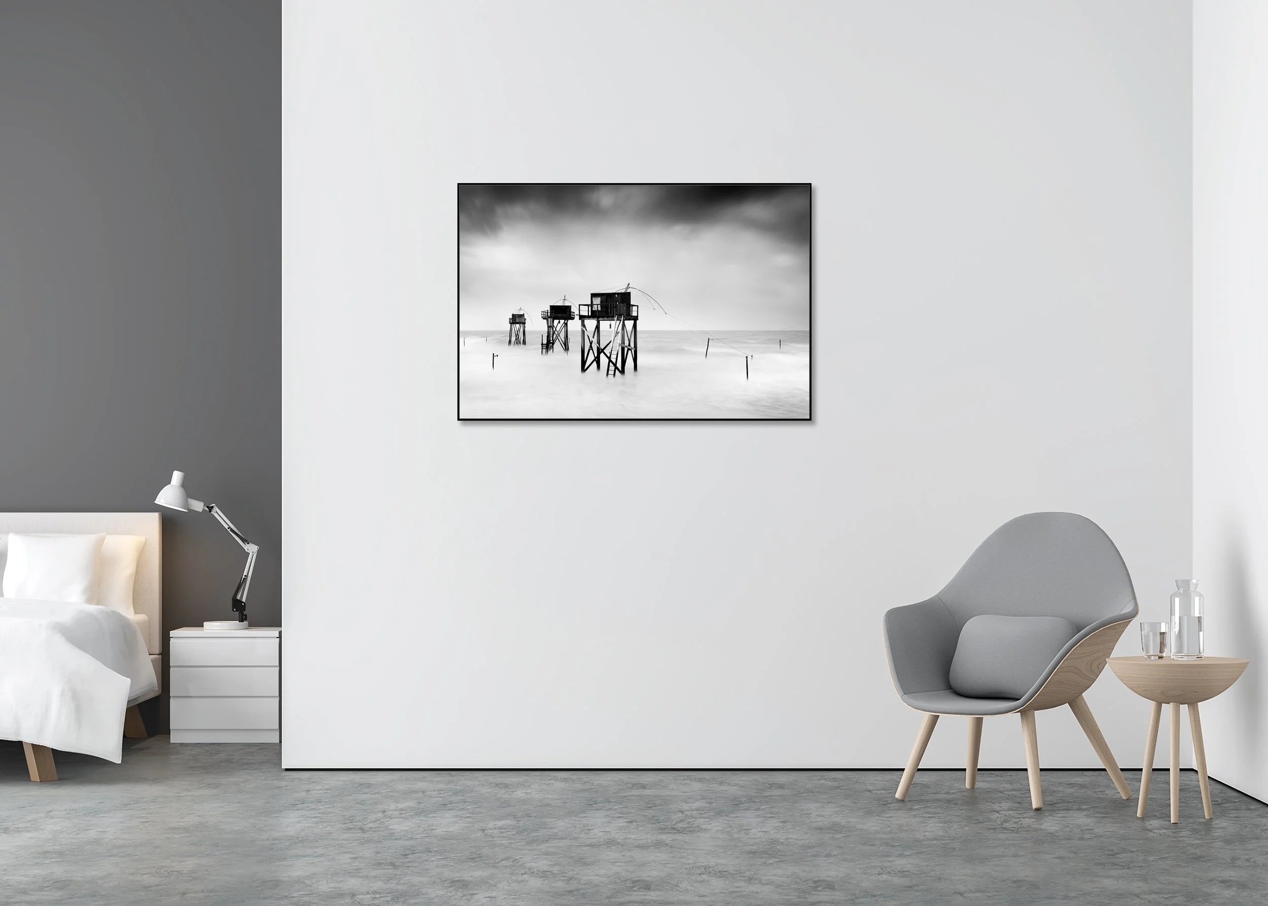 Minimalist monochrome seascape in long exposure with stilted wooden fishing huts and smooth, misty sea, printed on ChromaLuxe metal in an aluminium ArtBox frame