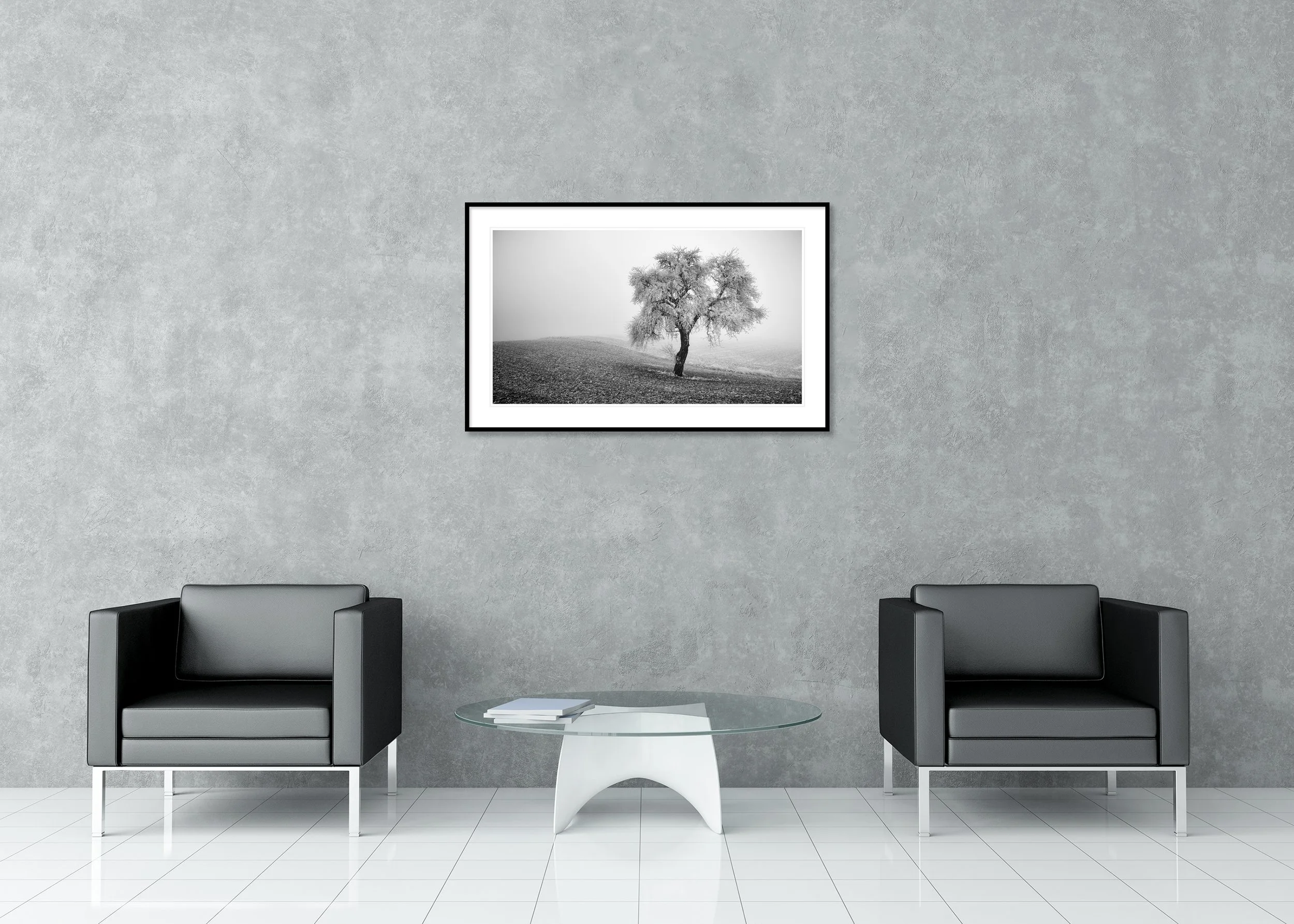 Black and white photo of an icy tree standing alone in a winter field, archival pigment print in a classic frame with a mount
