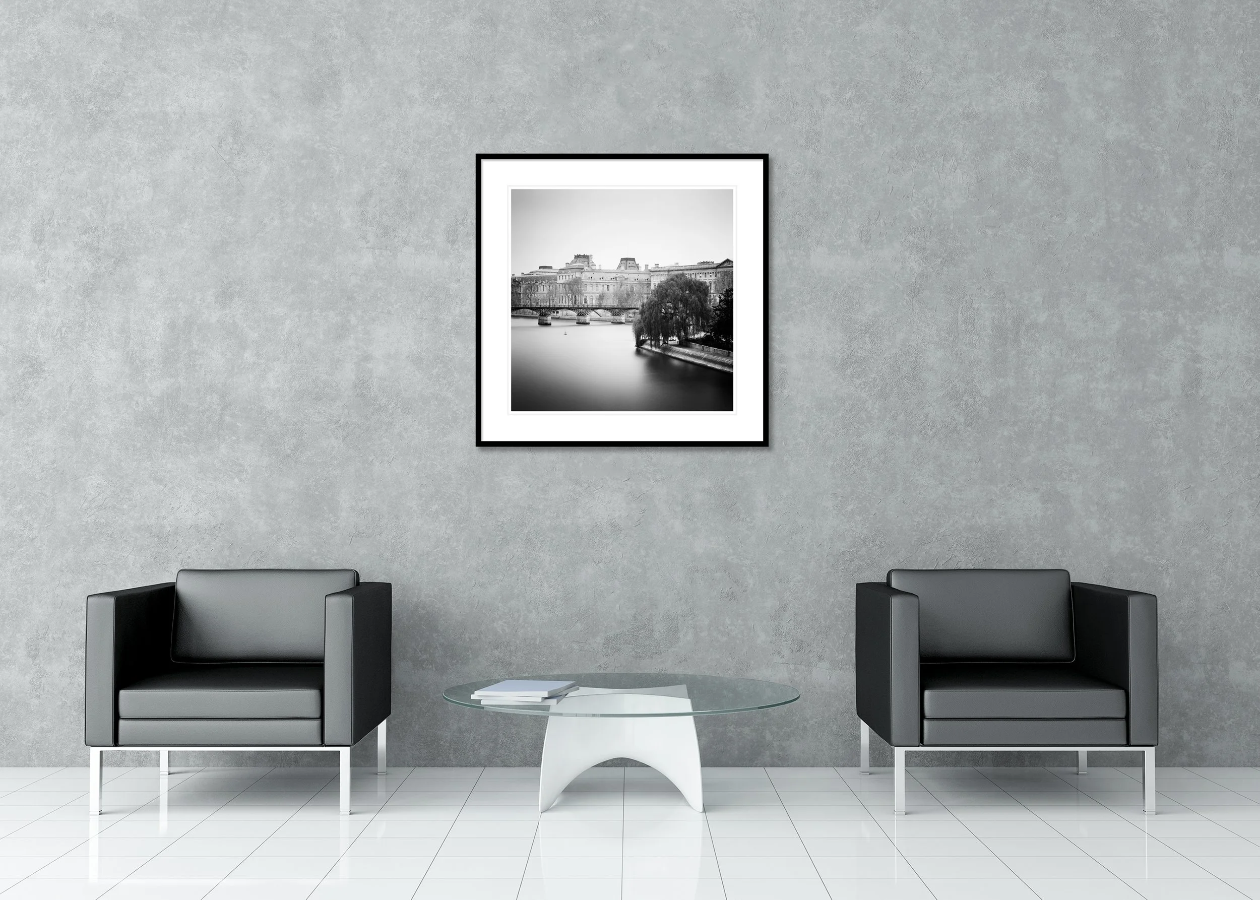 Pont Neuf, Study 1 – black-and-white archival pigment print in an aluminium frame with a white mount displayed in a modern lounge.