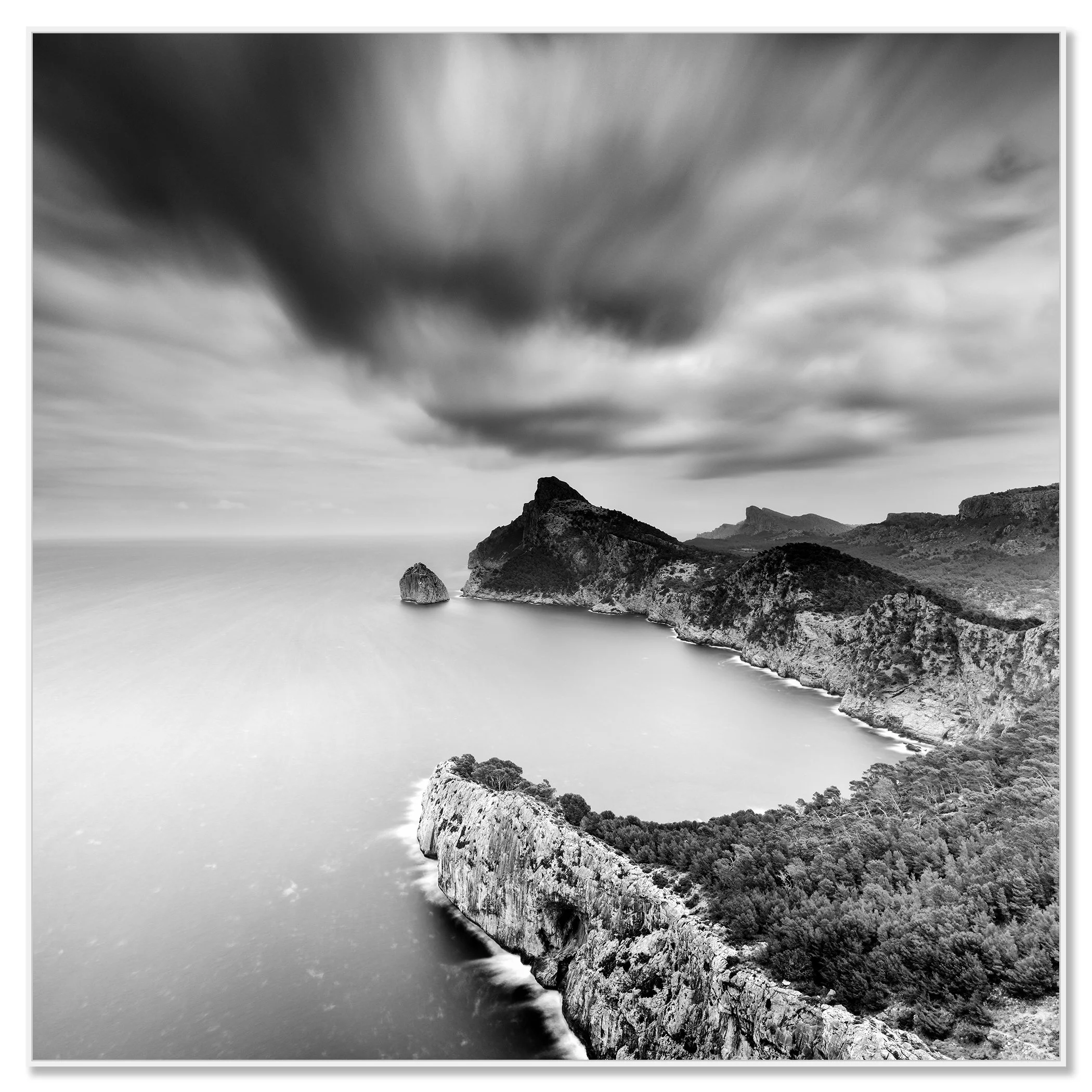 Black-and-white photo of Mallorca’s Mirador Es Colomer cliffs, cove beach, rugged coast under cloud – framed ArtBox white