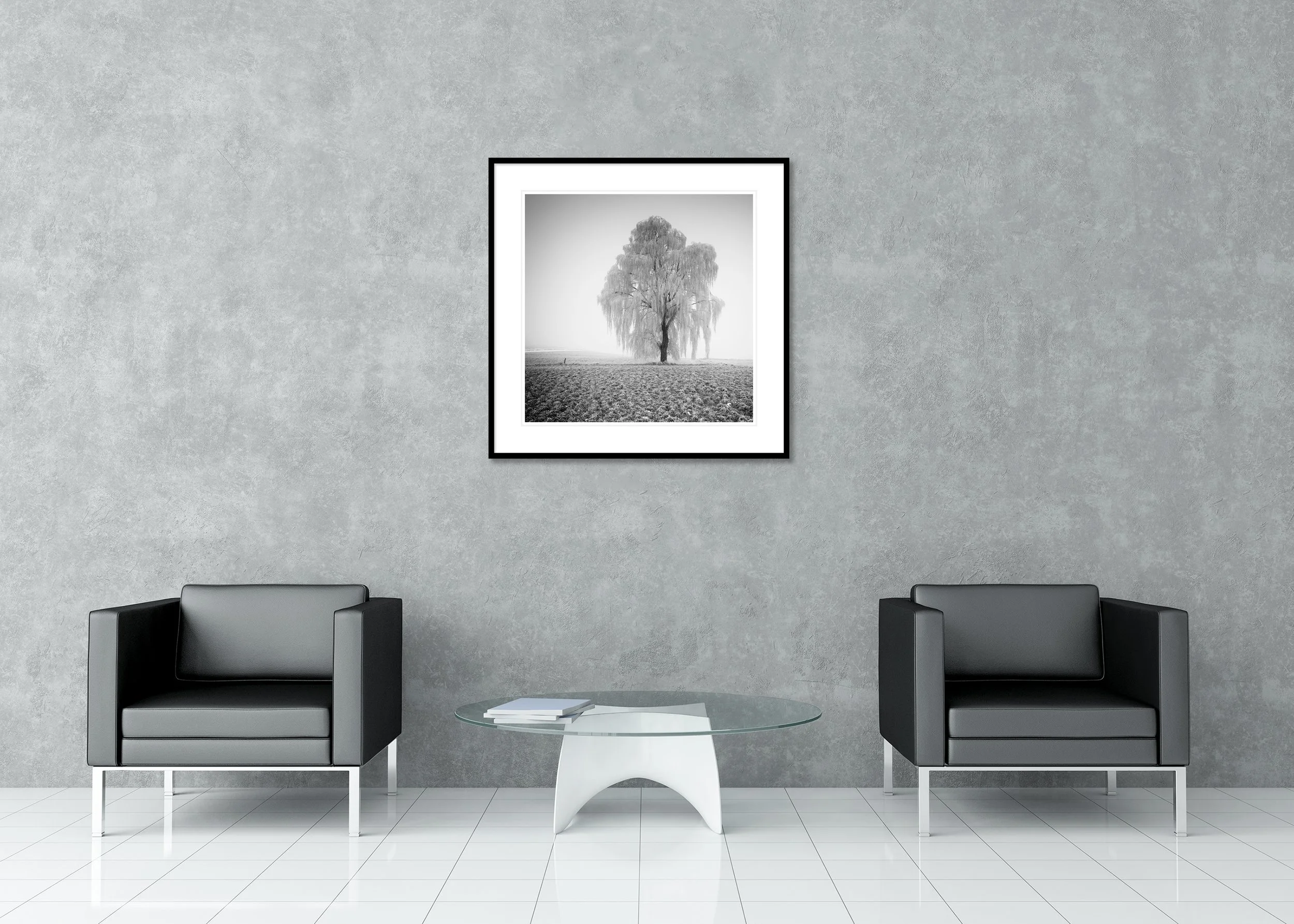 Black-and-white photo of a single frost-covered willow tree in a misty winter field with fog and frozen grass, archival pigment print in a classic frame with passe-partout.