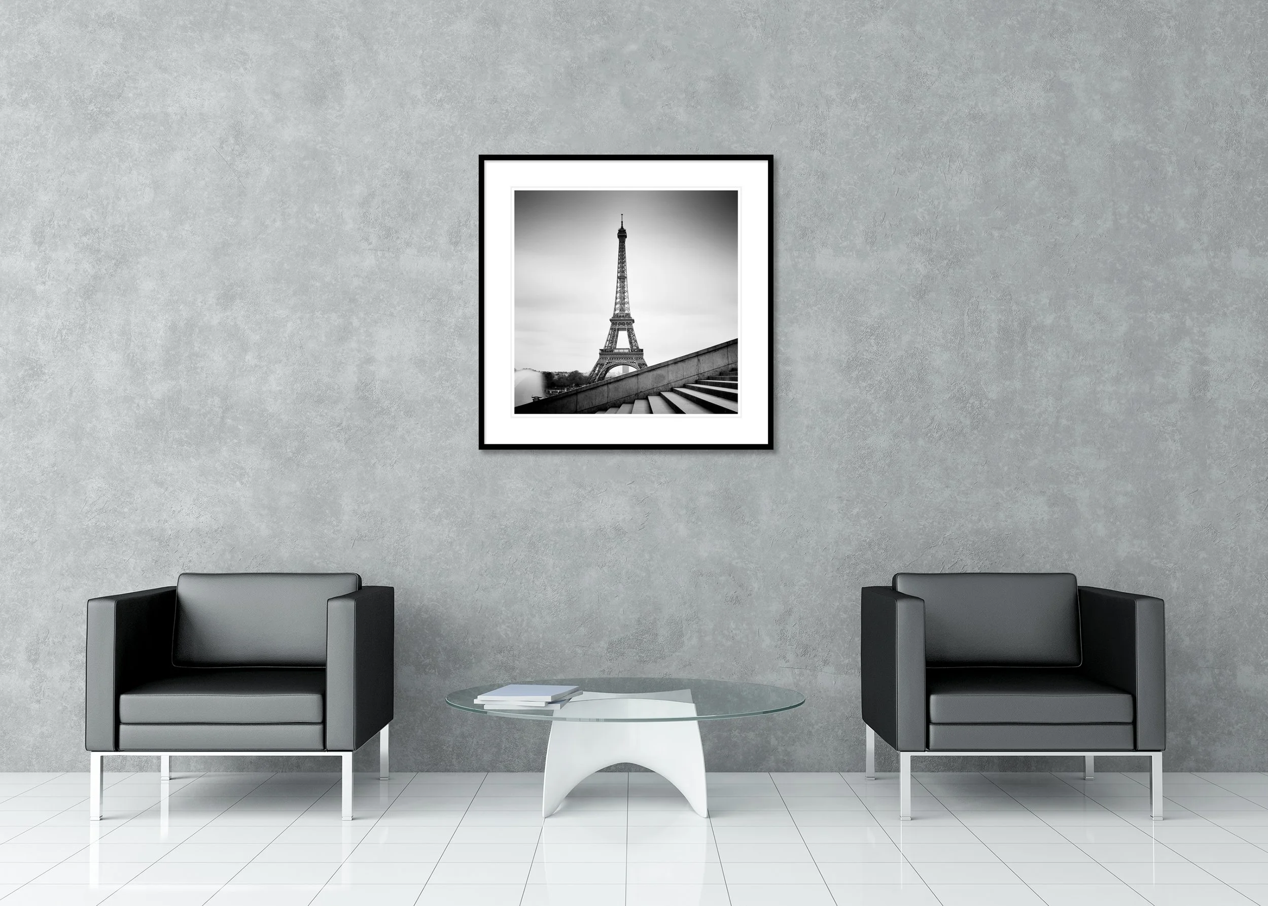 Eiffel Tower Study 13 displayed in a modern interior as an archival pigment print in a black aluminium frame with a white mount by Gerald Berghammer.