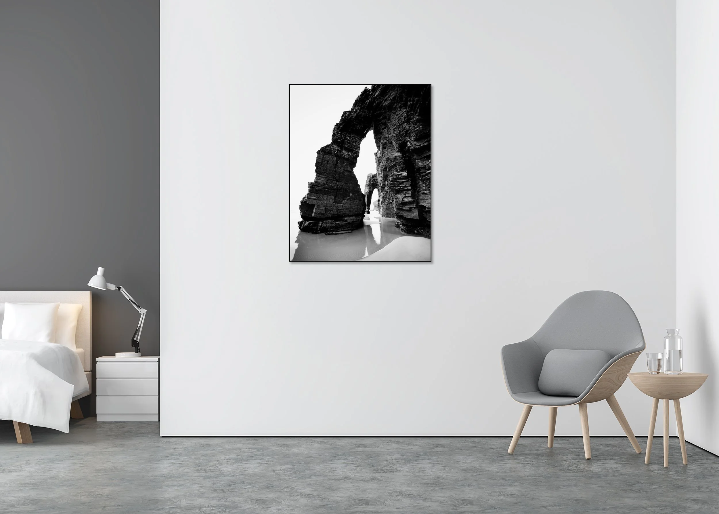 Minimalist black and white long-exposure seascape of a rock arch formation with wet sand reflections, ChromaLuxe metal print in aluminium ArtBox.
