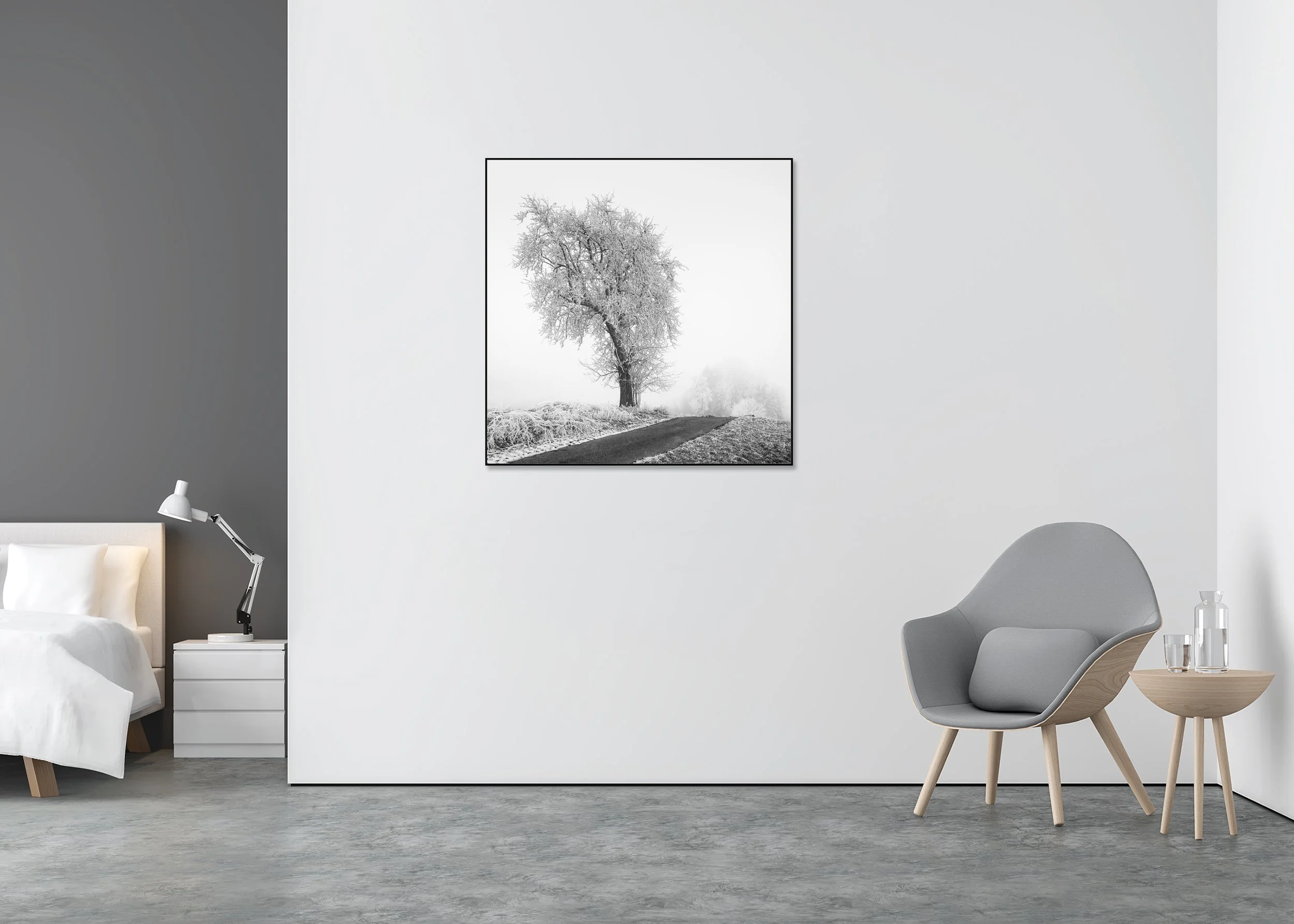 Frozen Farmland Study 3 by Gerald Berghammer displayed in a contemporary interior, mounted on aluminium Dibond in a black ArtBox frame.