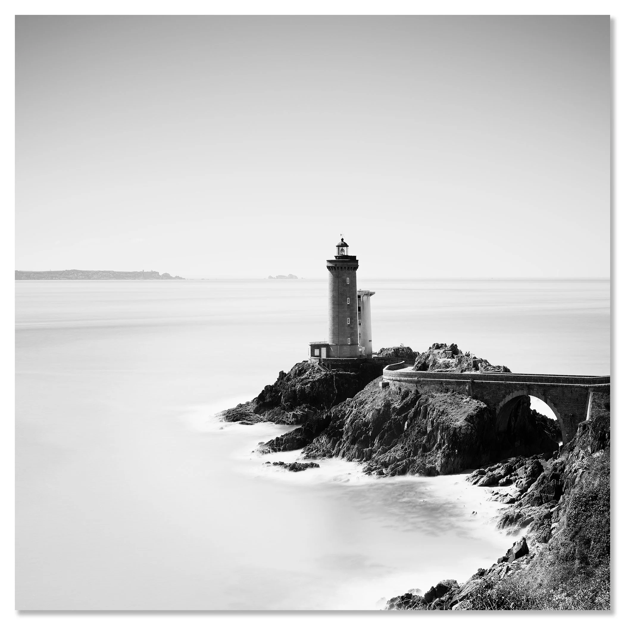 Fine art black-and-white photo of Phare du Petit Minou lighthouse on Brittany’s rocky shoreline – dibond frameless