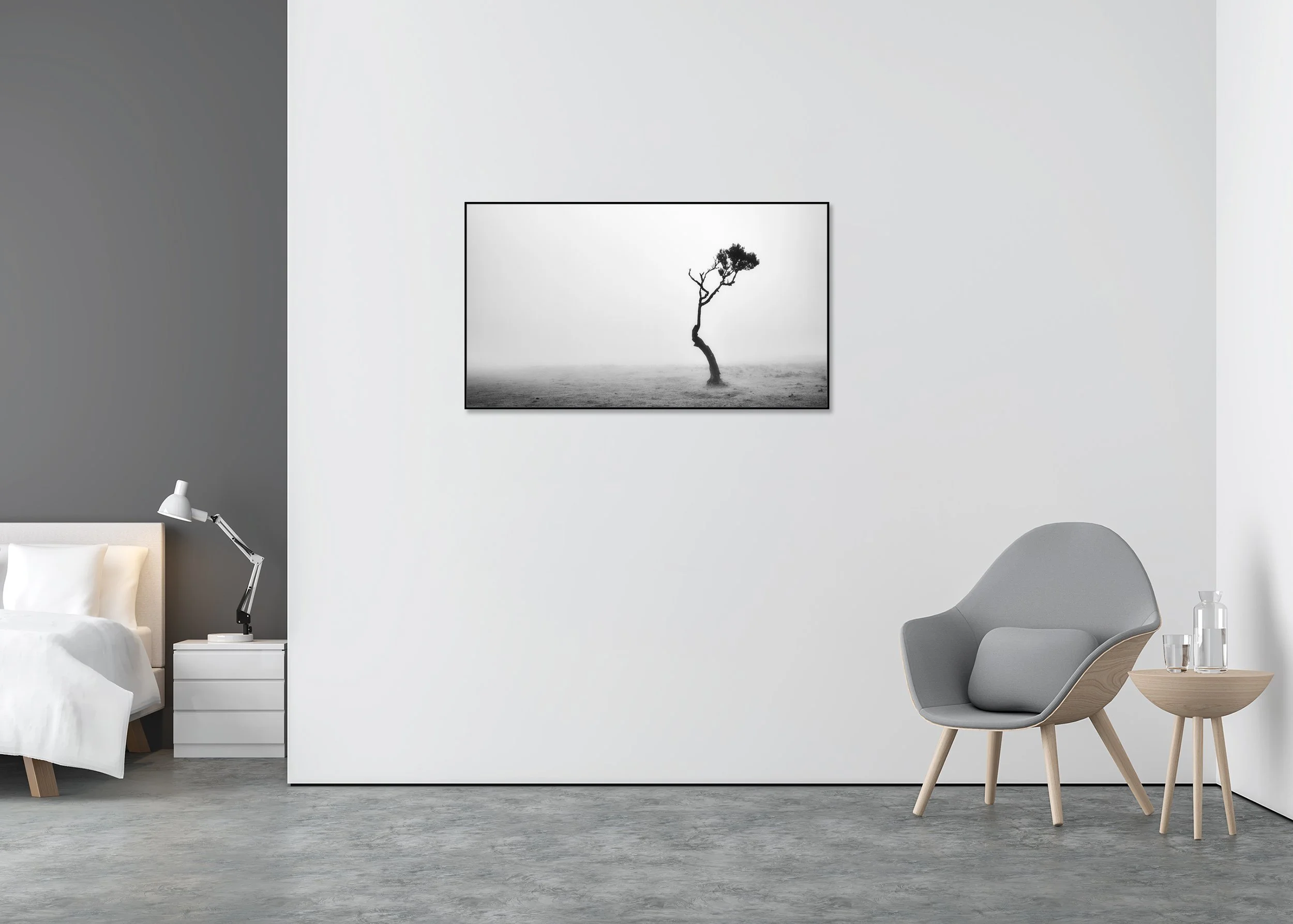 Lonely Tree in the Fog by Gerald Berghammer, black-and-white Dibond print in an aluminium ArtBox frame displayed in a minimalist interior.