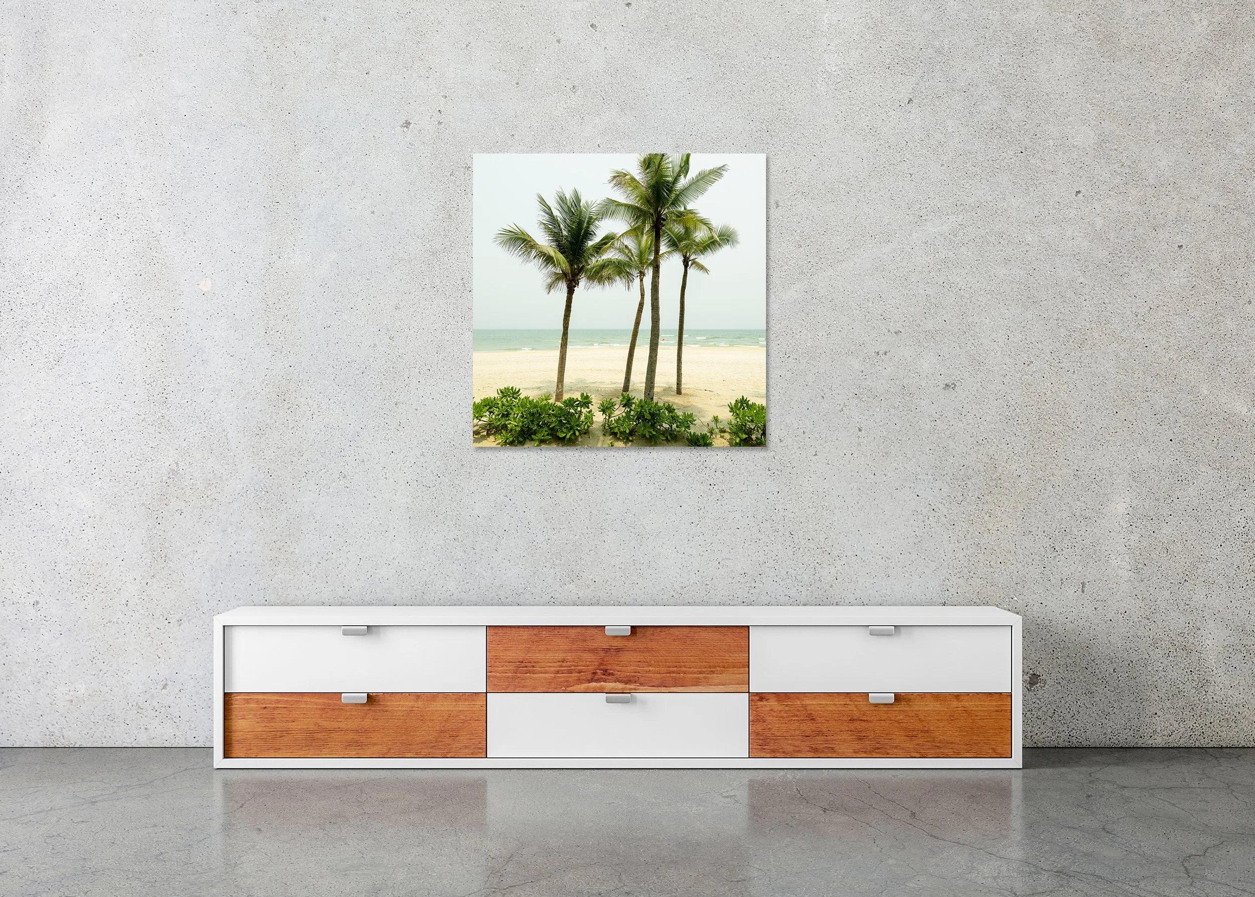 Turquoise Water with Palm Trees Study 1 displayed in a modern interior as a frameless colour artwork mounted on aluminium Dibond by Gerald Berghammer.