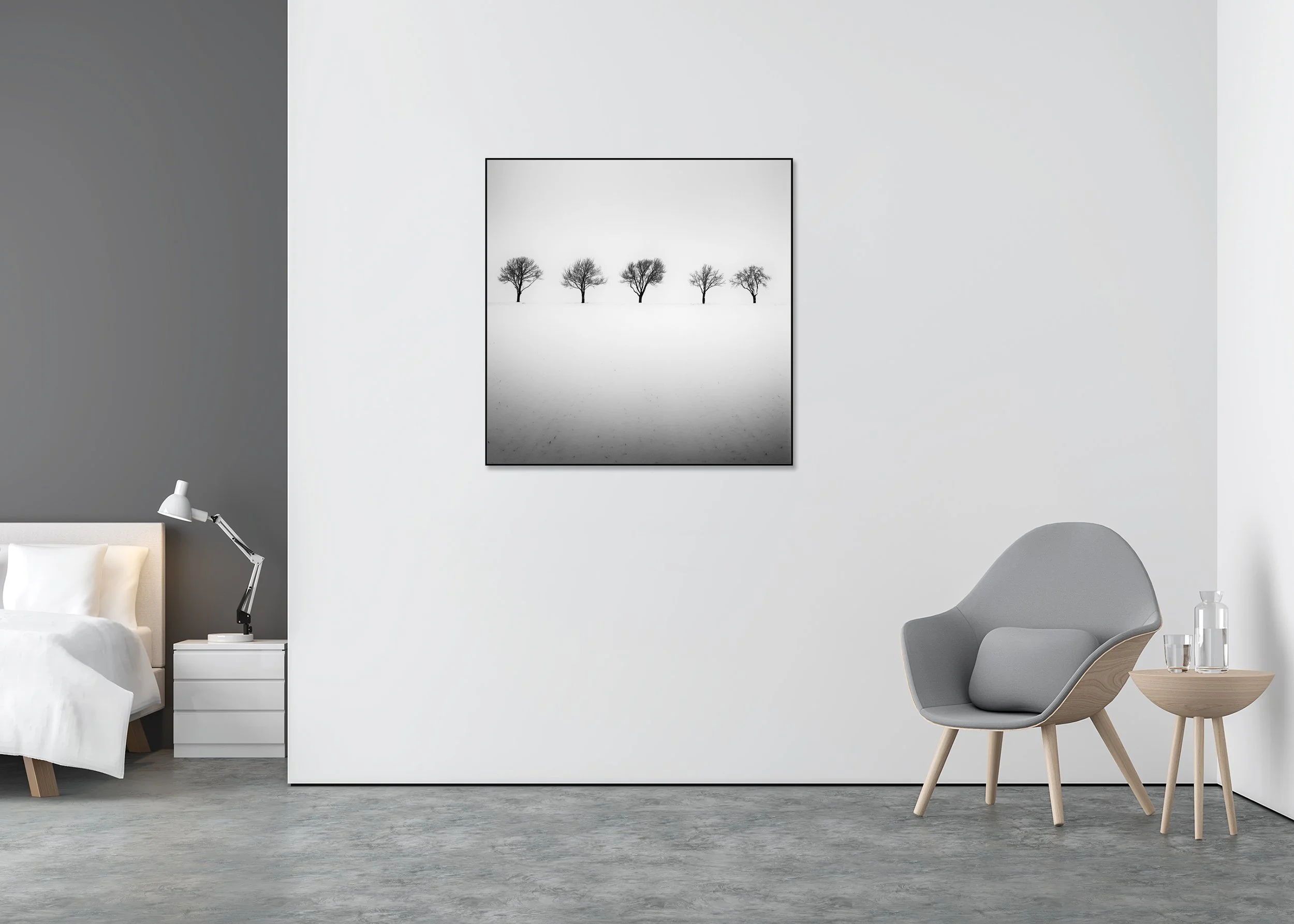 Minimalist winter photo print of five leafless trees in a foggy snowy field, mounted to Dibond in an aluminium ArtBox