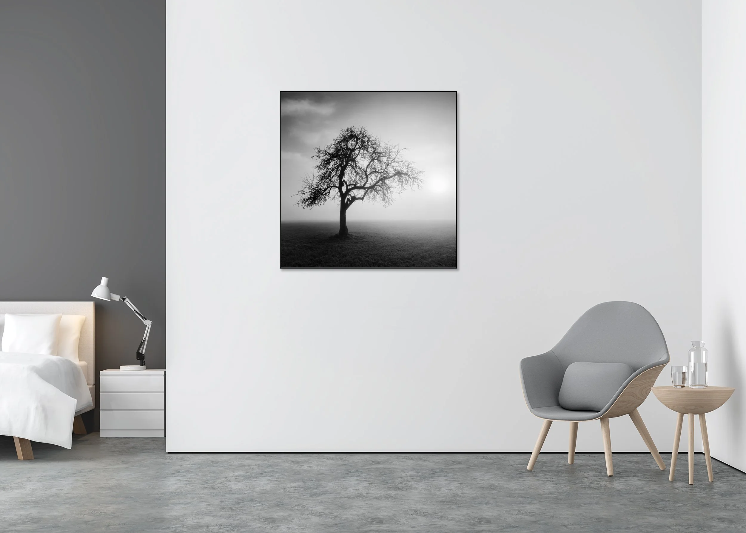 Foggy Morning, Study 1 – Austria, black-and-white Dibond print in a black aluminium ArtBox displayed in a minimalist bedroom.