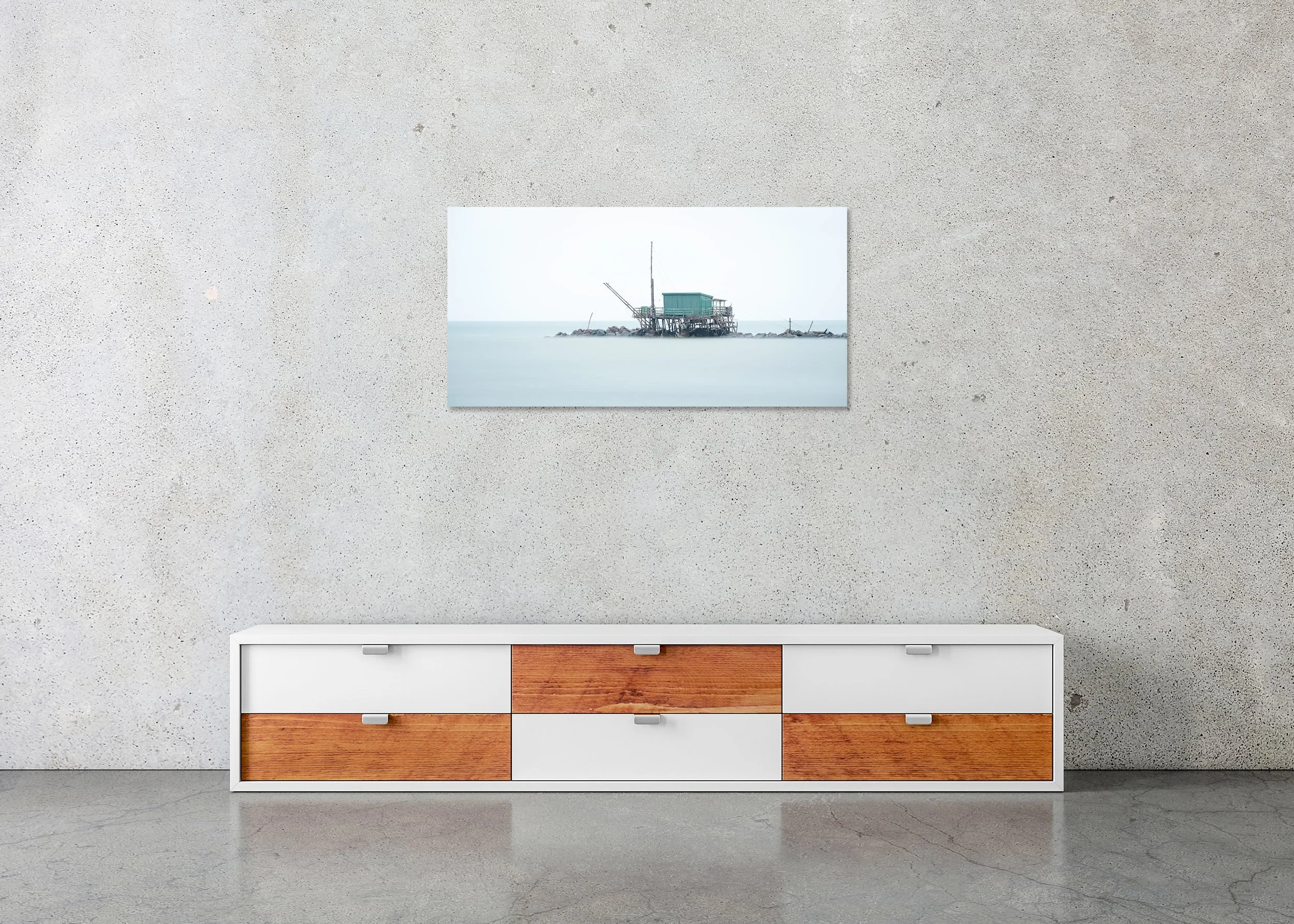 Gerald Berghammer - Retoni, long exposure seascape, stilt house, Marina di Pisa, ChromaLuxe print on aluminium, frameless