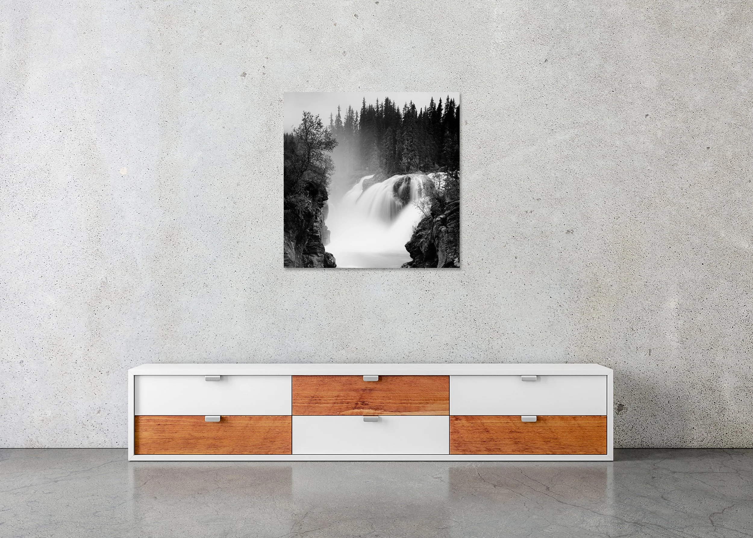 Large cascading waterfall in a forest landscape with mist and rocky walls, photo print mounted to Dibond, frameless