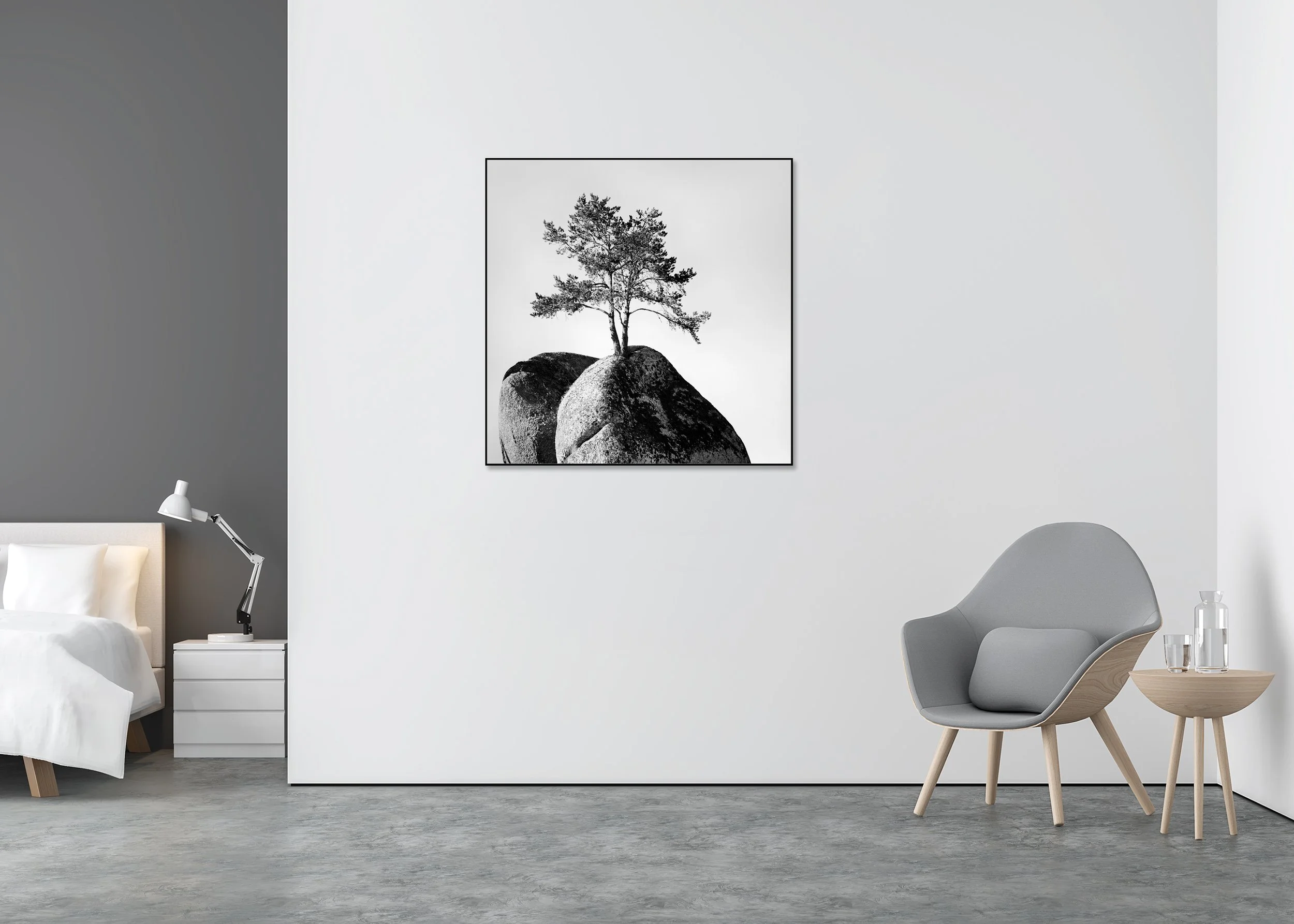 Lonely Tree on the Rock – Austria, black-and-white Dibond print in an aluminium ArtBox displayed in a minimalist interior by Gerald Berghammer.