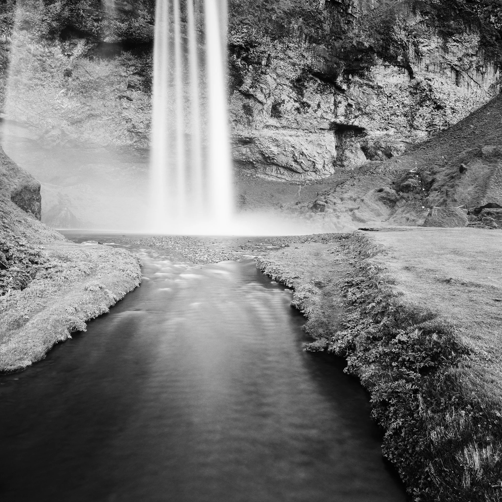 Detail of Seljalandsfoss Study 1 by Gerald Berghammer, showing the long-exposure waterfall, rock textures and flowing water.