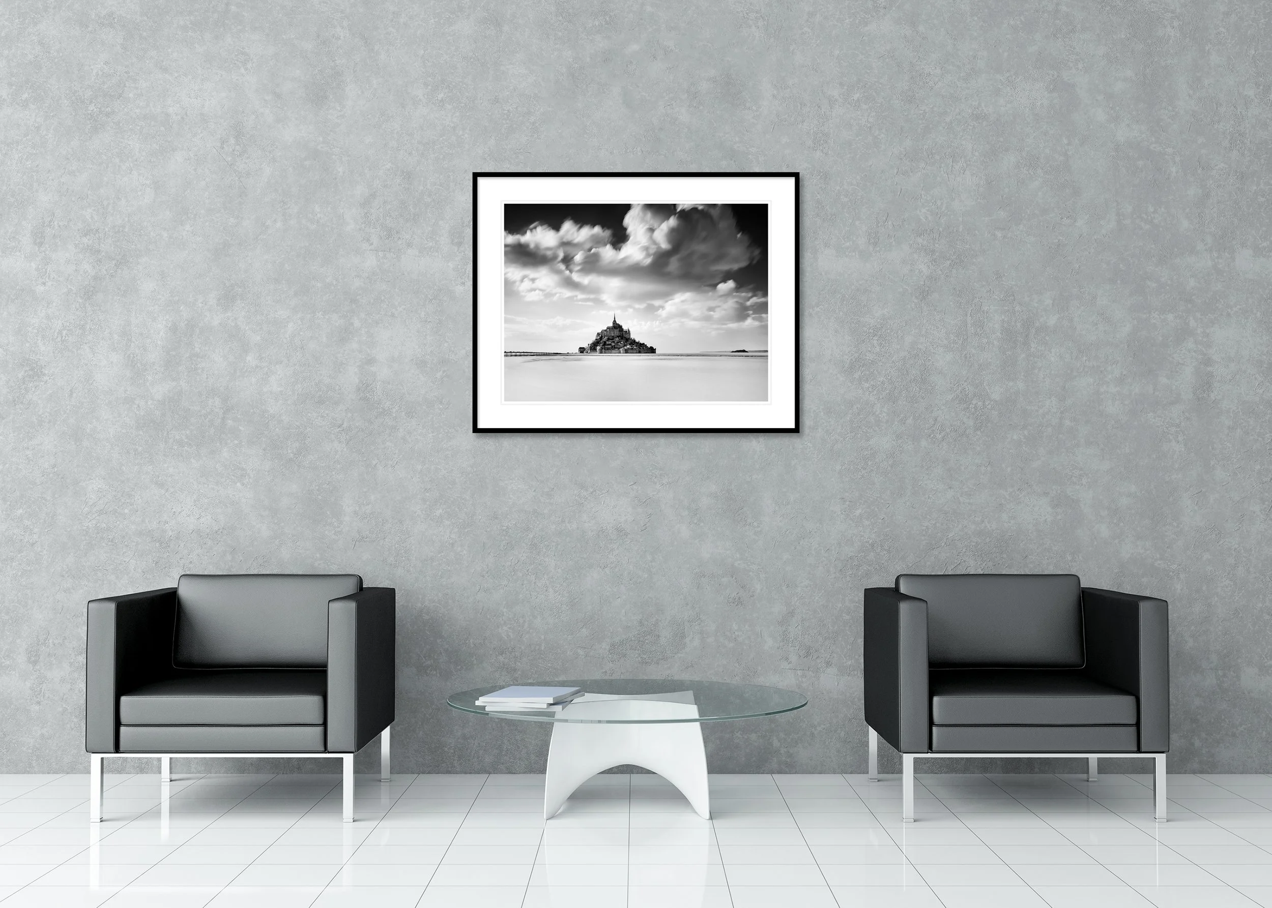 Mont-Saint-Michel Study 1 by Gerald Berghammer displayed in a contemporary interior in a black aluminium frame with a white mount.