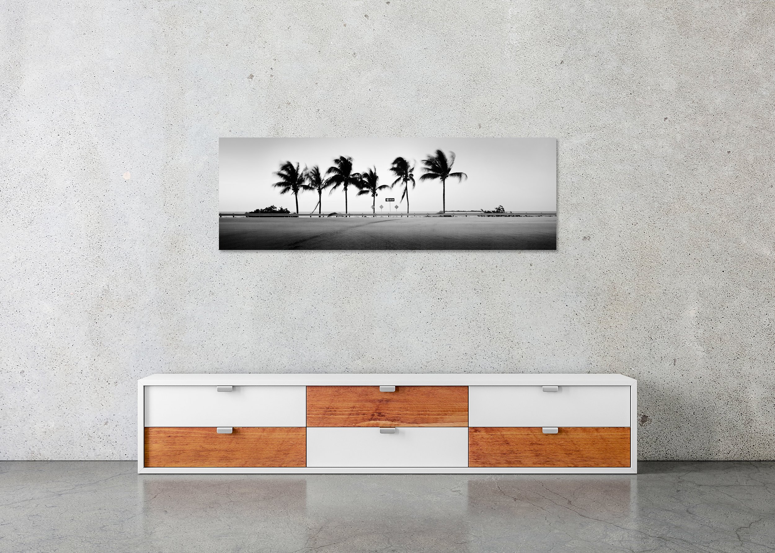 One Way Panorama Study 1 displayed in a modern interior as a frameless black-and-white artwork mounted on aluminium Dibond by Gerald Berghammer.