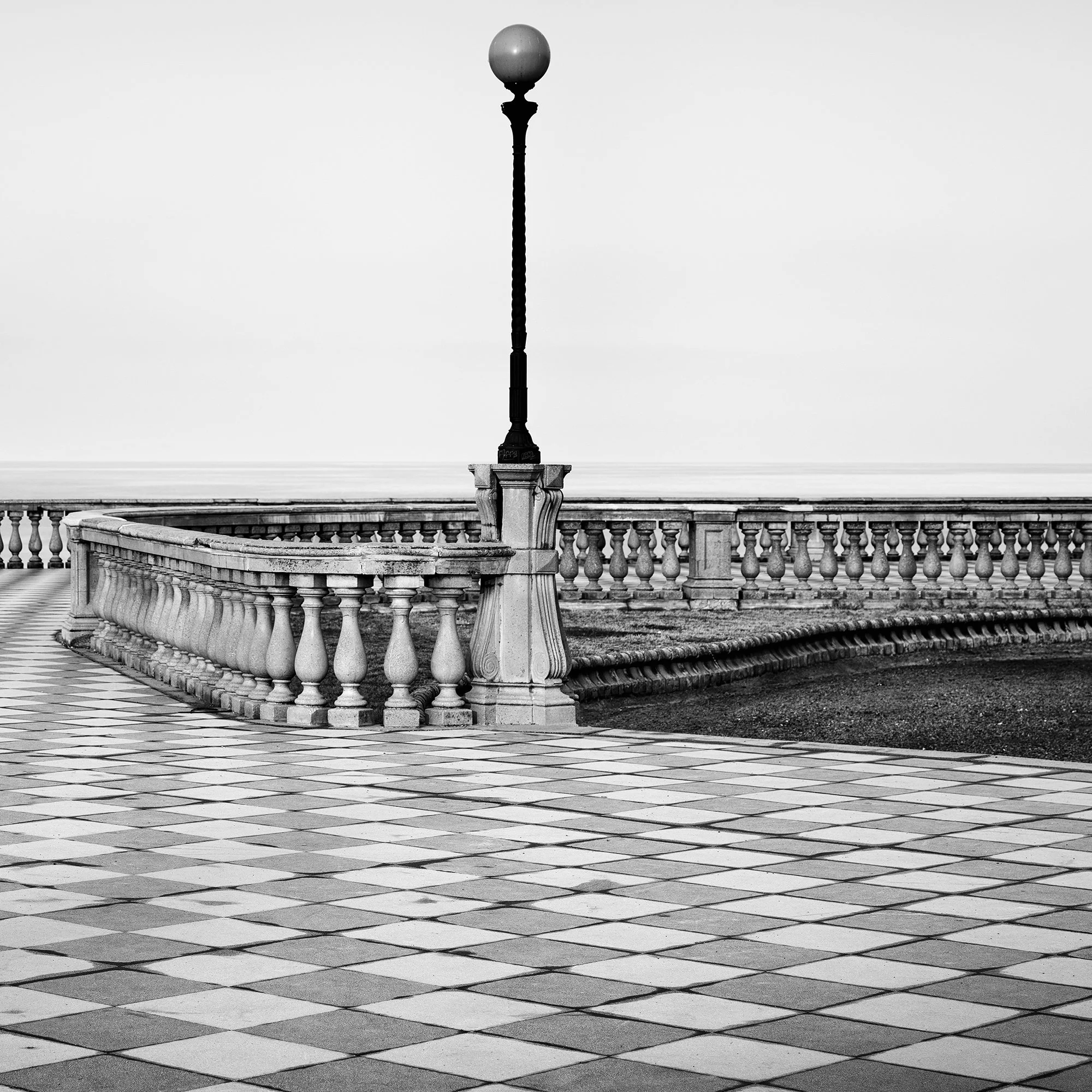 Close-up detail of Terrazza Mascagni Study 1 by Gerald Berghammer, showing the geometric chequerboard promenade in Livorno, Tuscany.