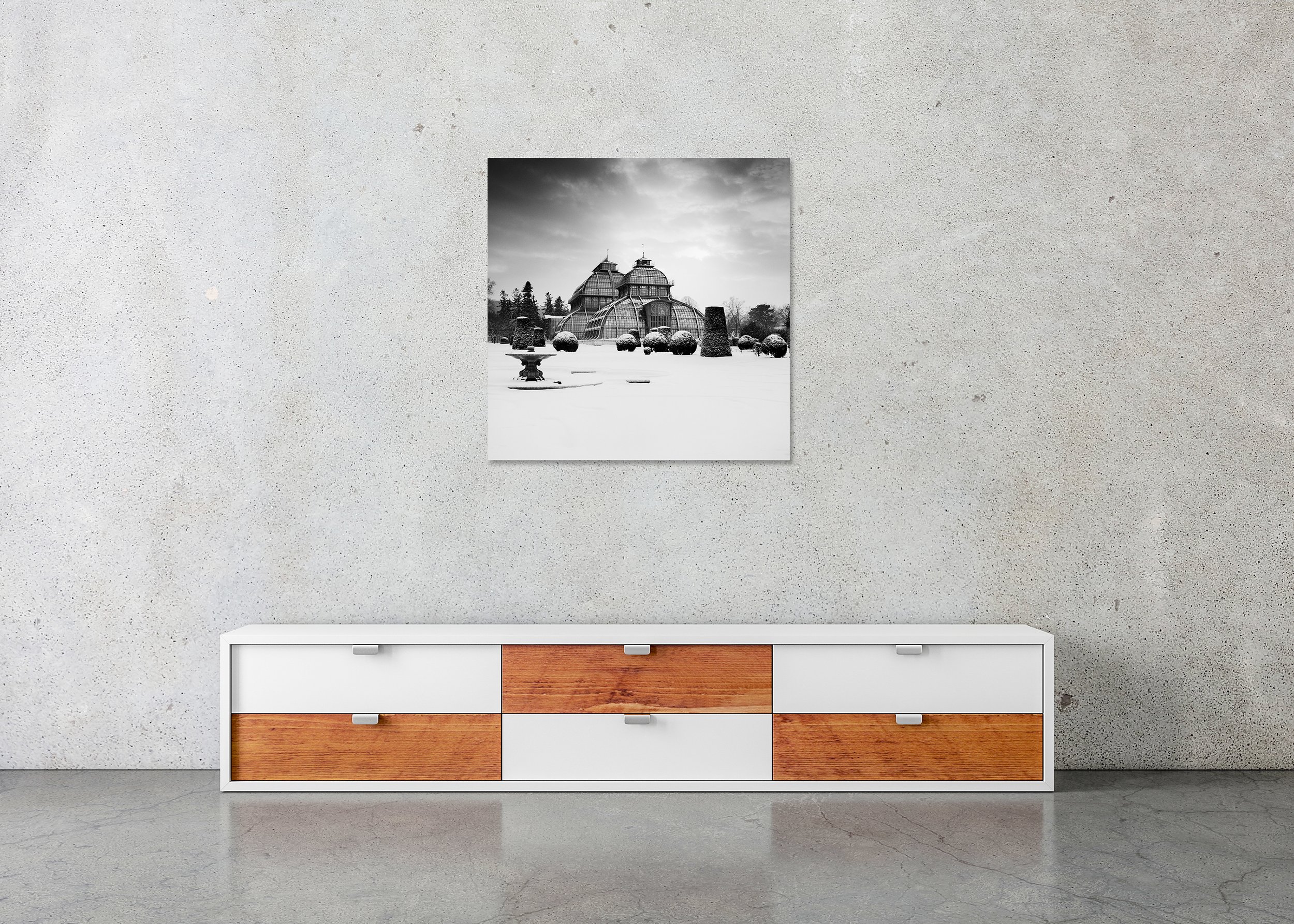 Black and white photo of the Palm House at Schönbrunn Palace, Vienna, in winter snow. ChromaLuxe Metal Print – Frameless