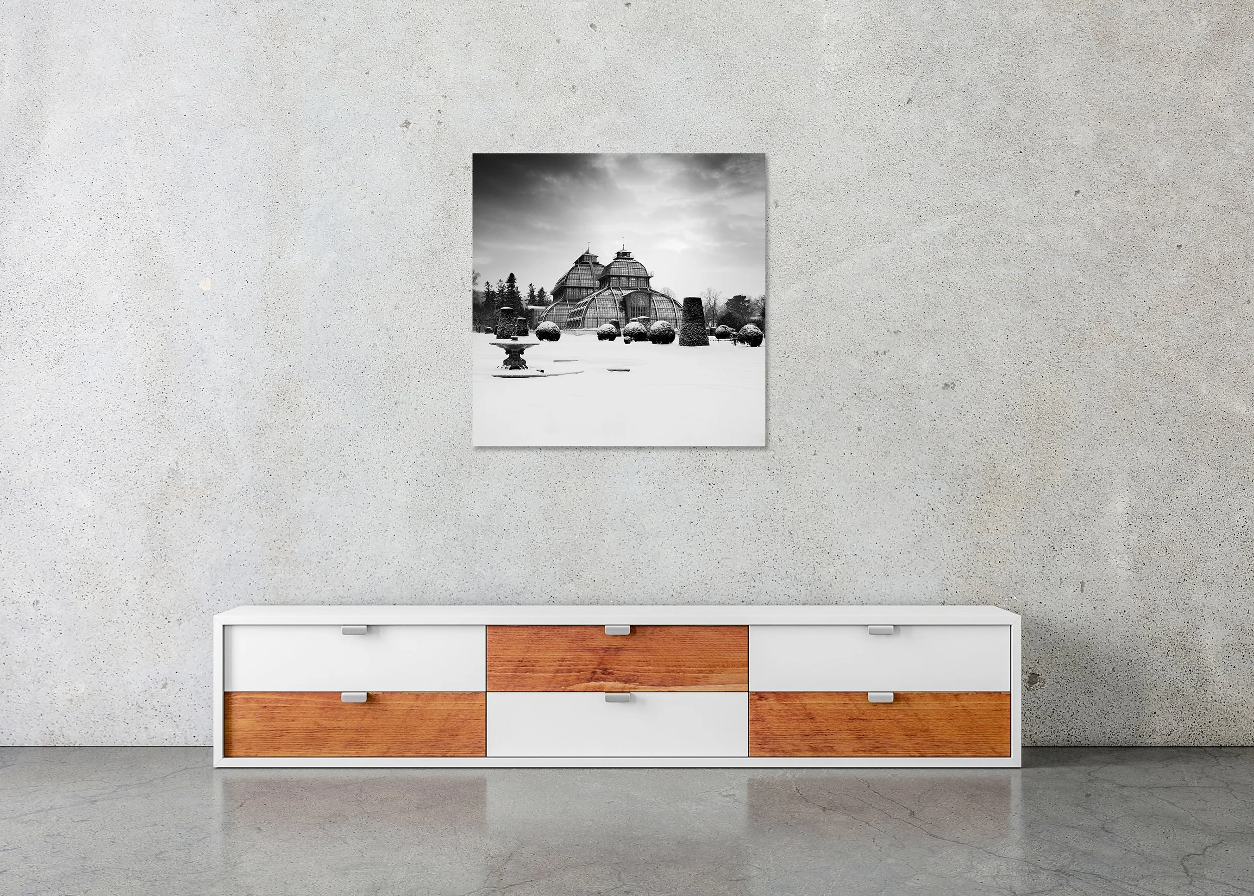 Black-and-white print of the Palm House at Schönbrunn Palace, Vienna, in winter snow, frameless photo print mounted to Dibond