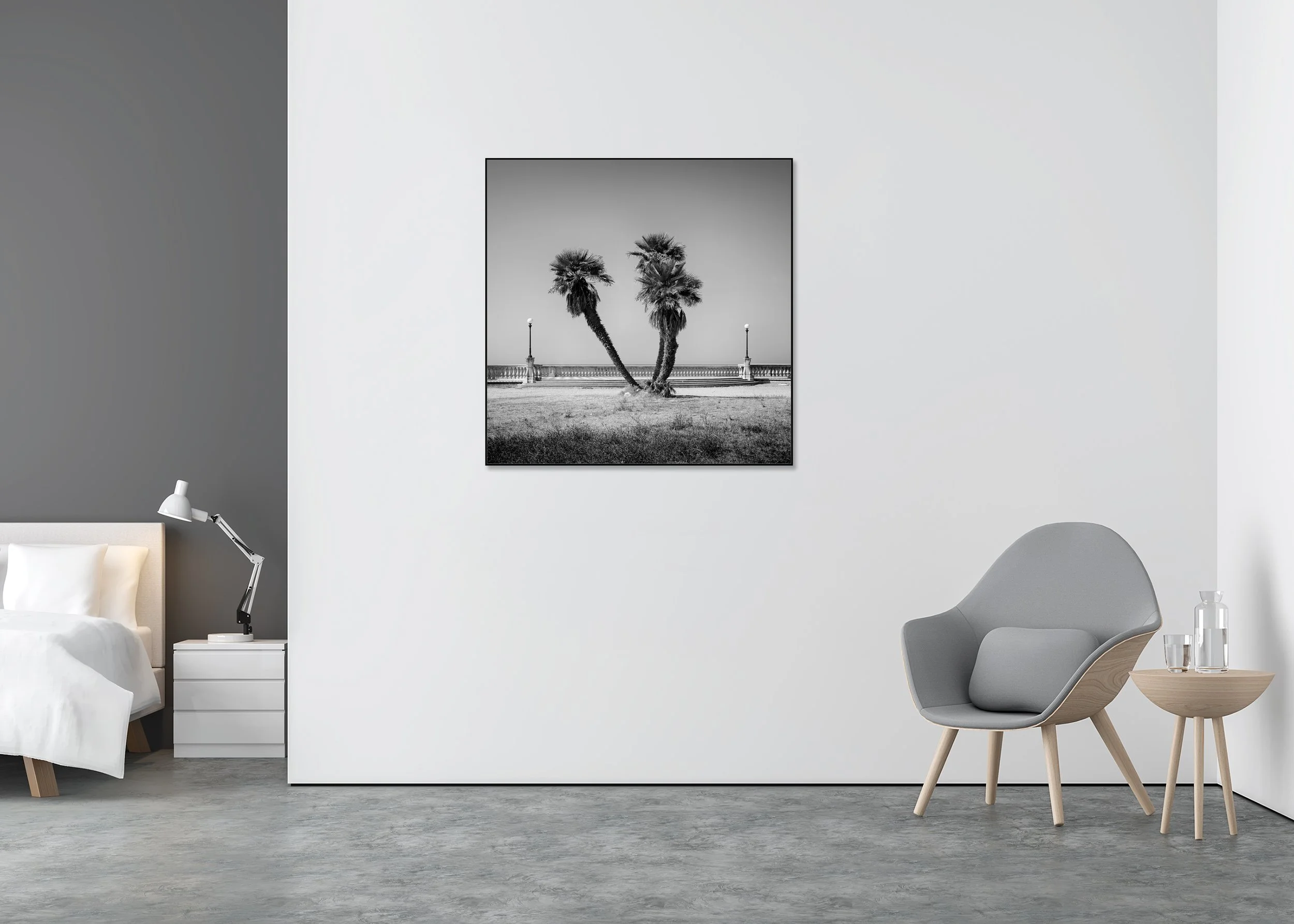 ChromaLuxe metal print in an aluminium ArtBox featuring a monochrome photograph of palm trees on the Terrazza Mascagni promenade, Tuscany, Italy