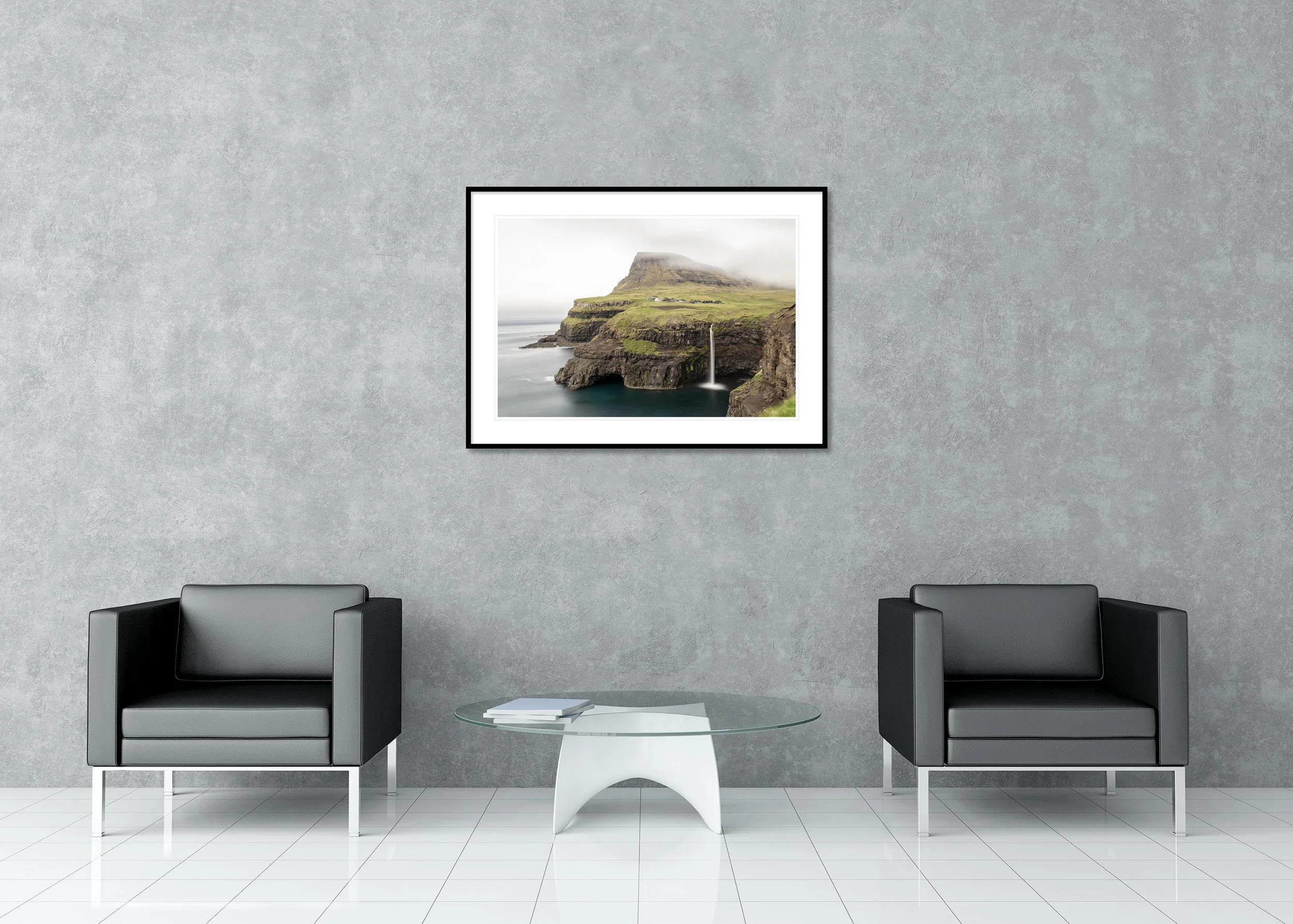 Múlafossur Waterfall Study 1 displayed in a modern interior as an archival pigment print in an aluminium frame with white mount by Gerald Berghammer.