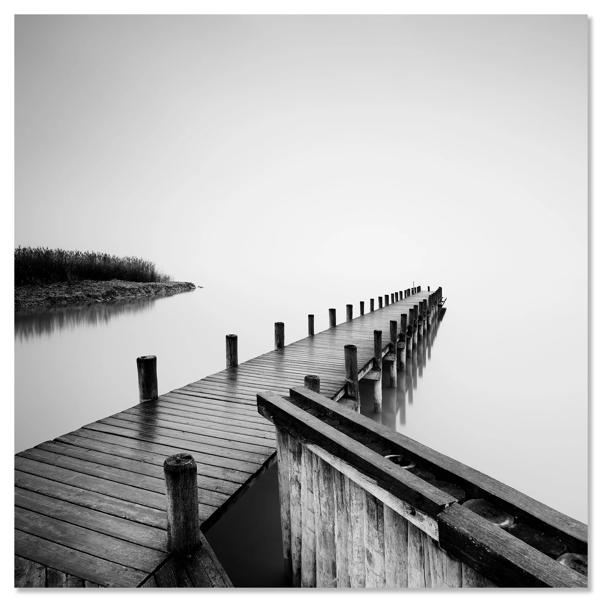 Gerald Berghammer - Black and white photography. Wooden pier extending out over calm water, with a foggy background and some reeds on the shoreline. Chromaluxe frameless