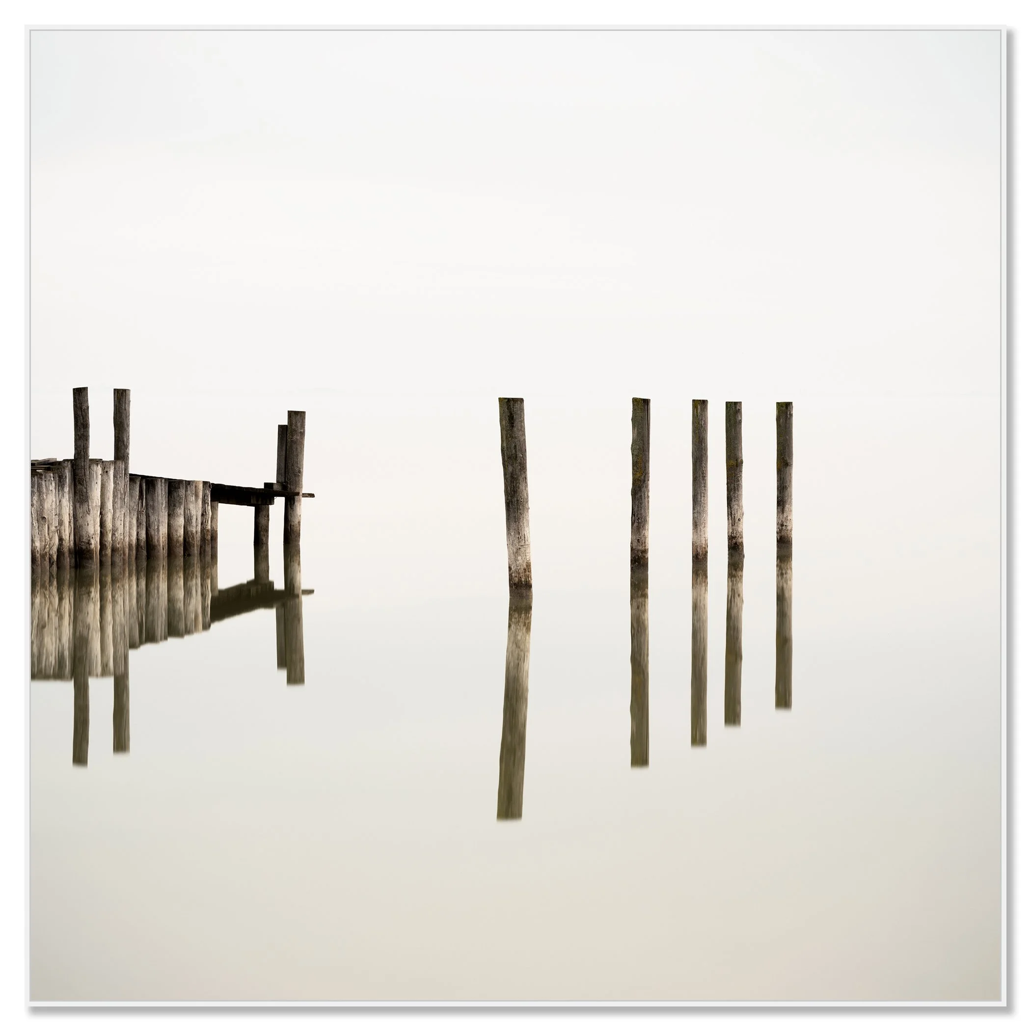 Wooden Pegs in the Lake – colour photograph on aluminium Dibond in a white aluminium ArtBox.