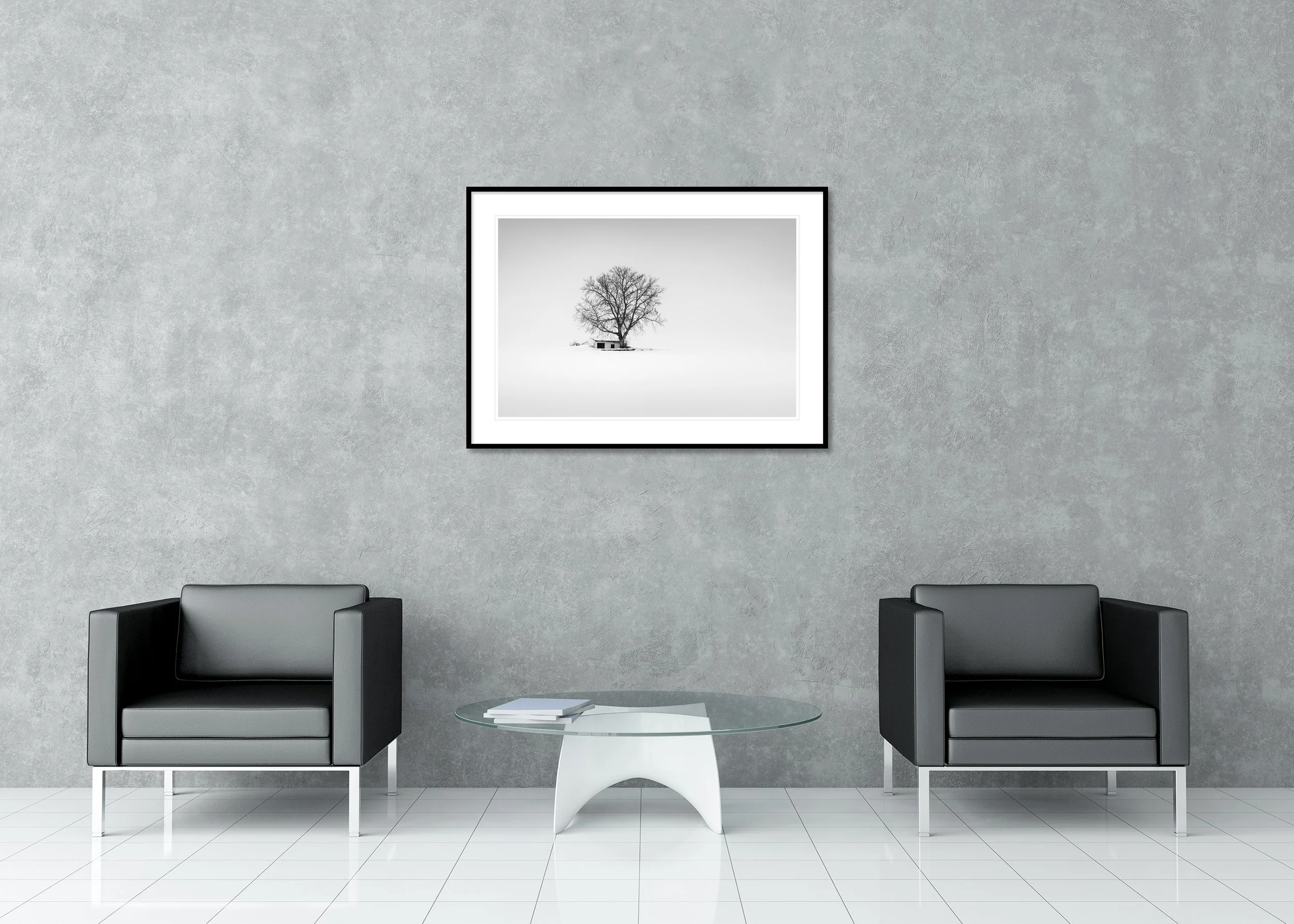 Minimalist Austria winter farmland scene with a wine press house, archival pigment print in a classic frame with a mount.