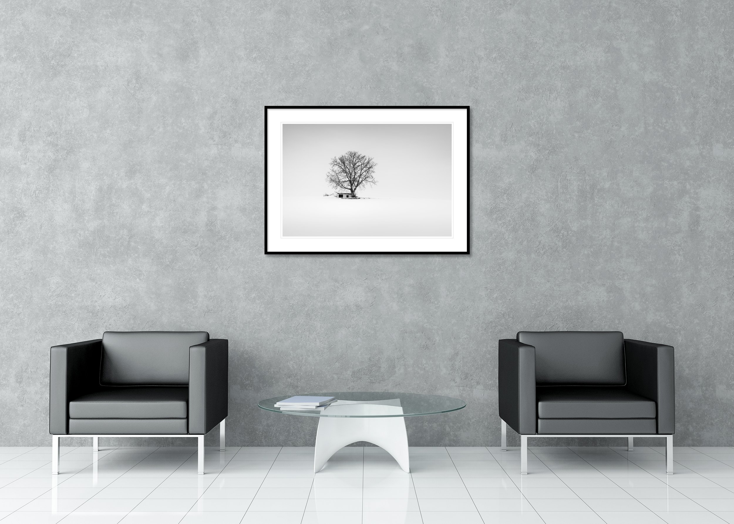 Minimalist Austria winter farmland with a wine press house, black-and-white photo in classic frame with passe-partout
